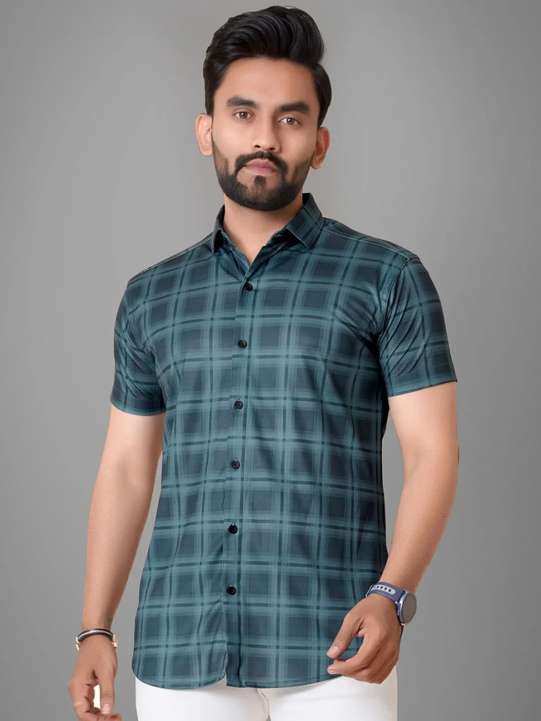 Metronaut Teal tonal-check short-sleeve shirt