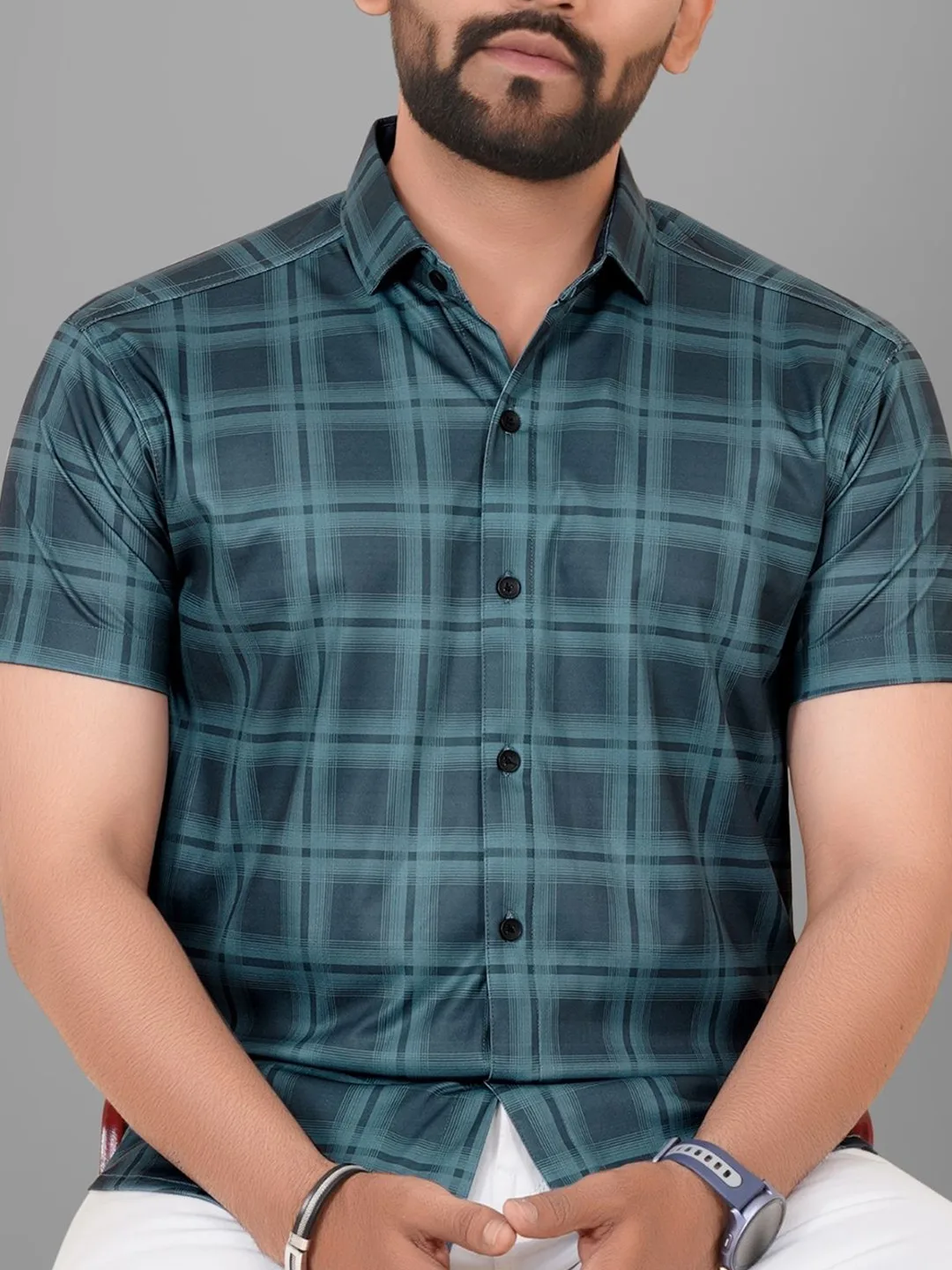 Metronaut Teal tonal-check short-sleeve shirt
