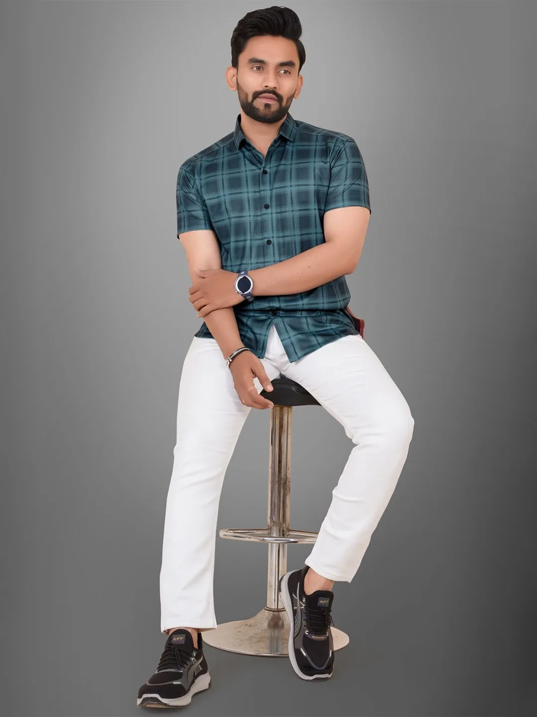 Metronaut Teal tonal-check short-sleeve shirt