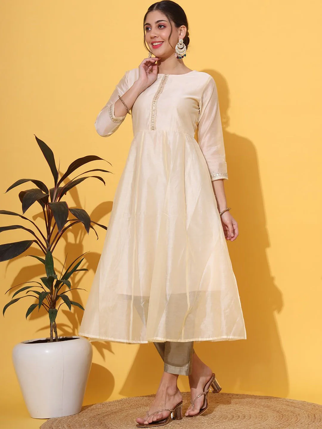 KALINI Cream gota-patti anarkali kurta
