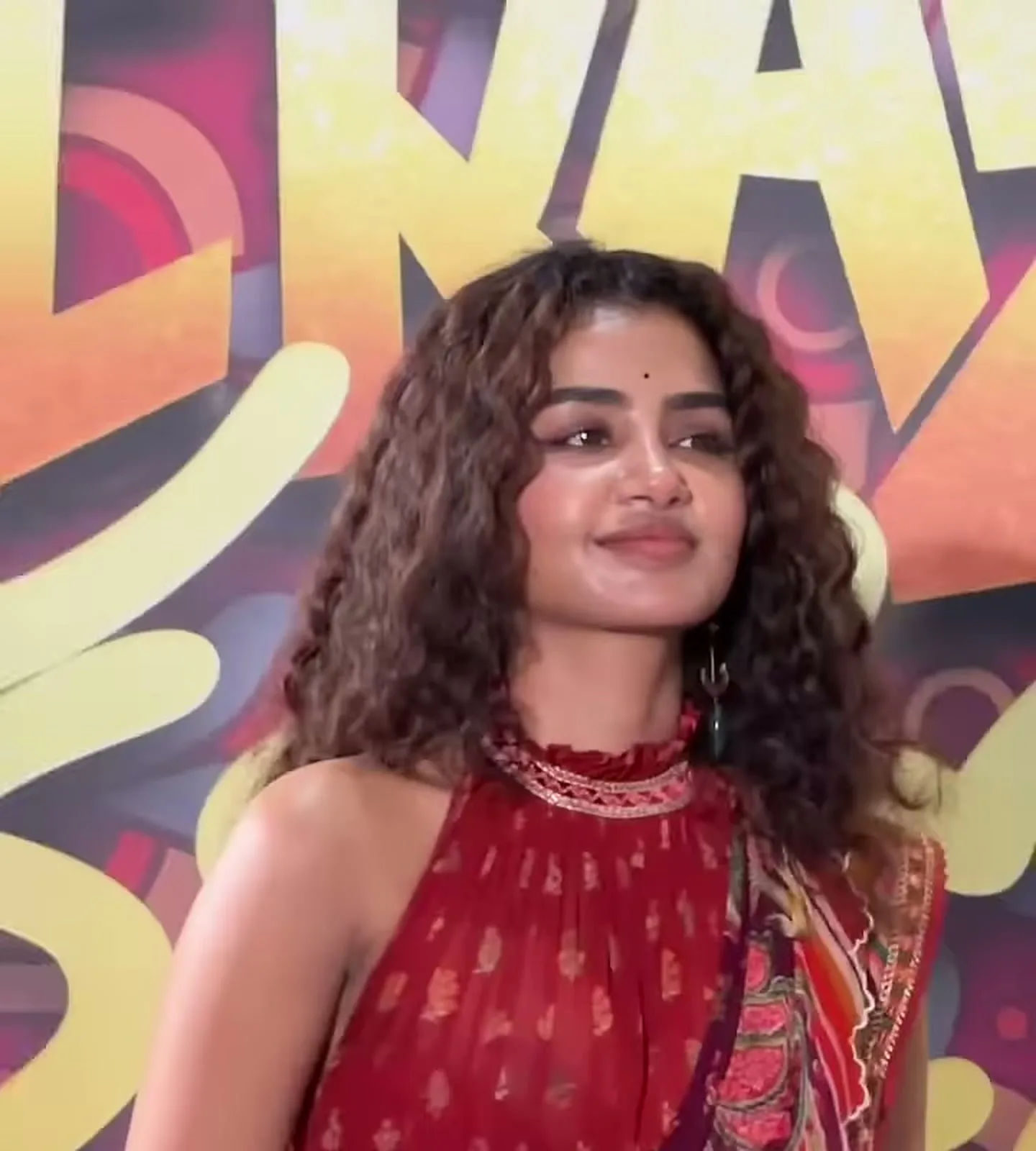 The wine printed saree at the Crazy Kalyanam teaser launch — Anupama Parameswaran