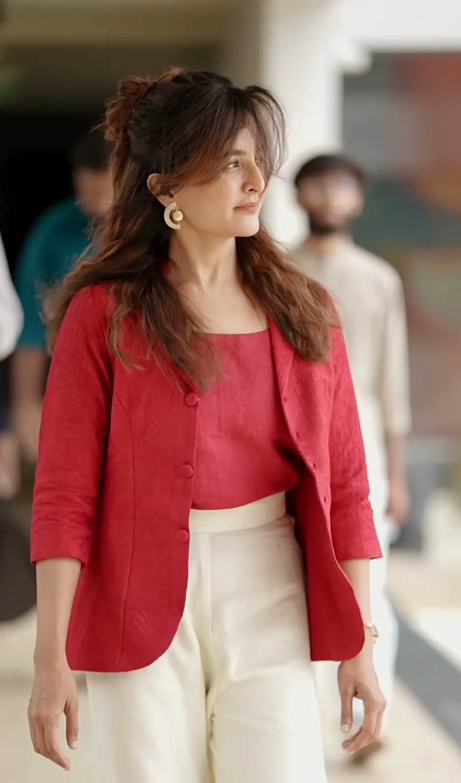 The red jacket and ivory wide-legs — Manju Warrier