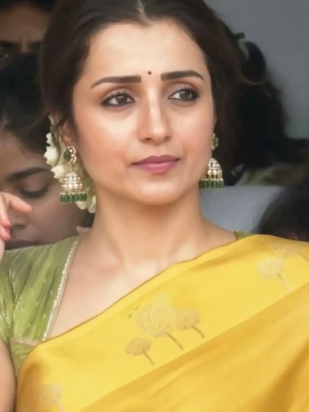 Trisha Krishnan — Close on the saree: gold zari tree buttas on a plain field, and the blouse’s gold-and-pearl piping