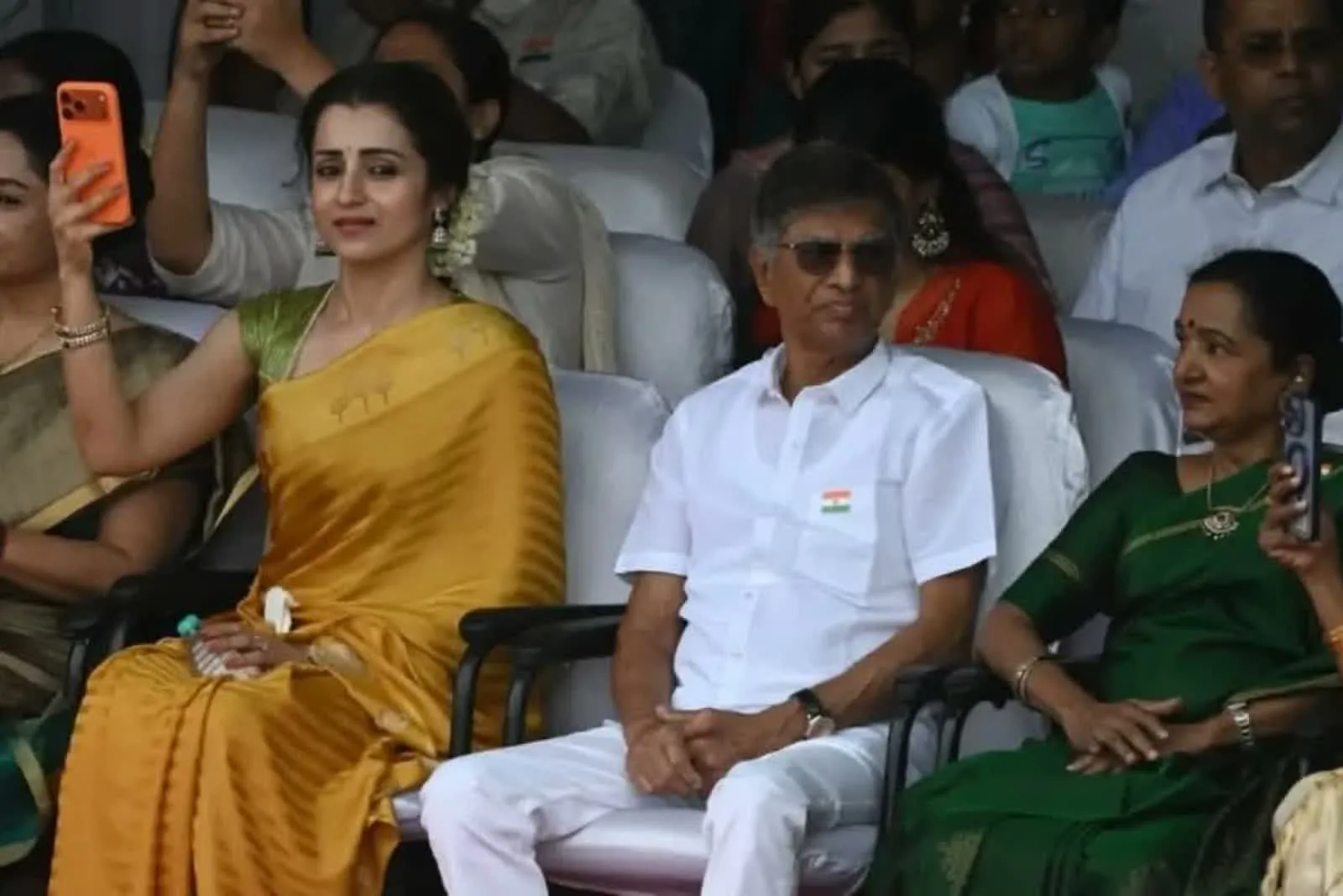 Trisha Krishnan — Arm raised: the pallu stripes and the vertical gold zari stripes in the green blouse