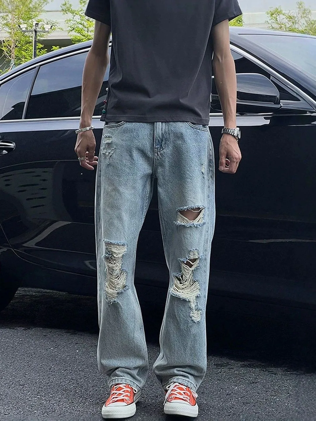 StyleCast Bleached light-wash ripped straight jeans