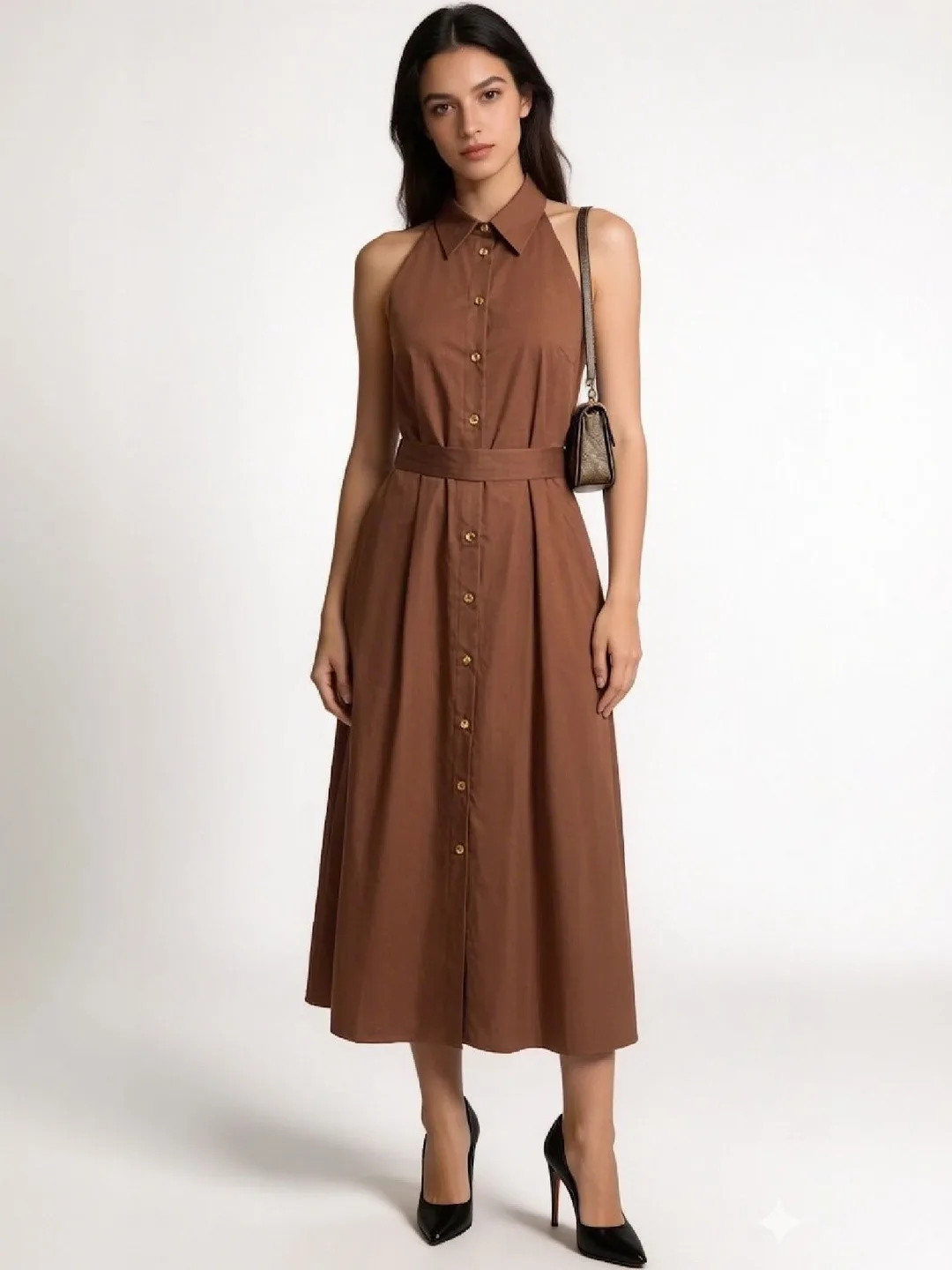 Chemistry Chocolate button-through belted A-line midi dress