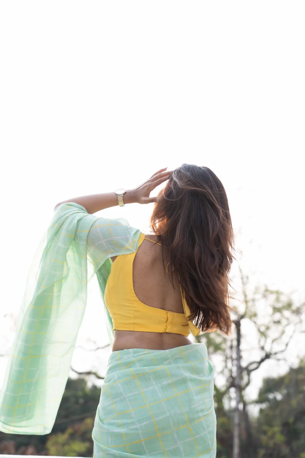 Aamra by Alai (Studio Thari) Pale mint chanderi saree with a yellow windowpane check