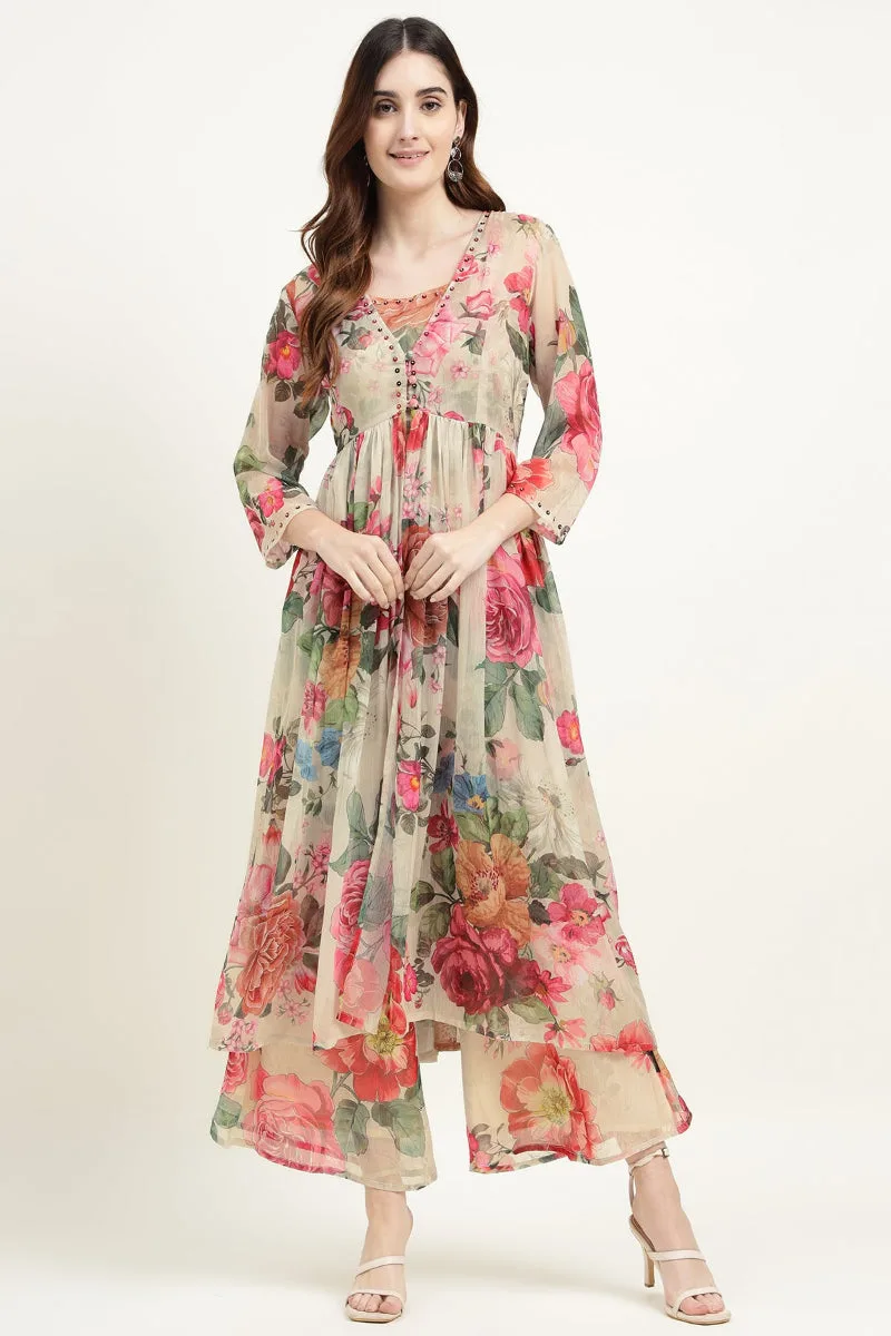 Zari Jaipur Printed Chiffon Kurta — the three-piece set, with palazzo and dupatta