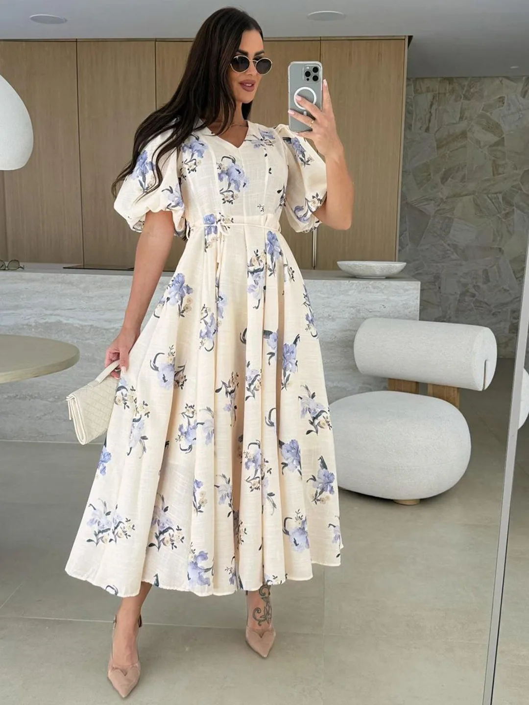 Mast & Harbour Cream midi dress with blue watercolour blooms