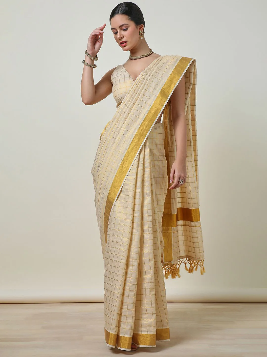 Soch Ivory gold-check kasavu tissue saree
