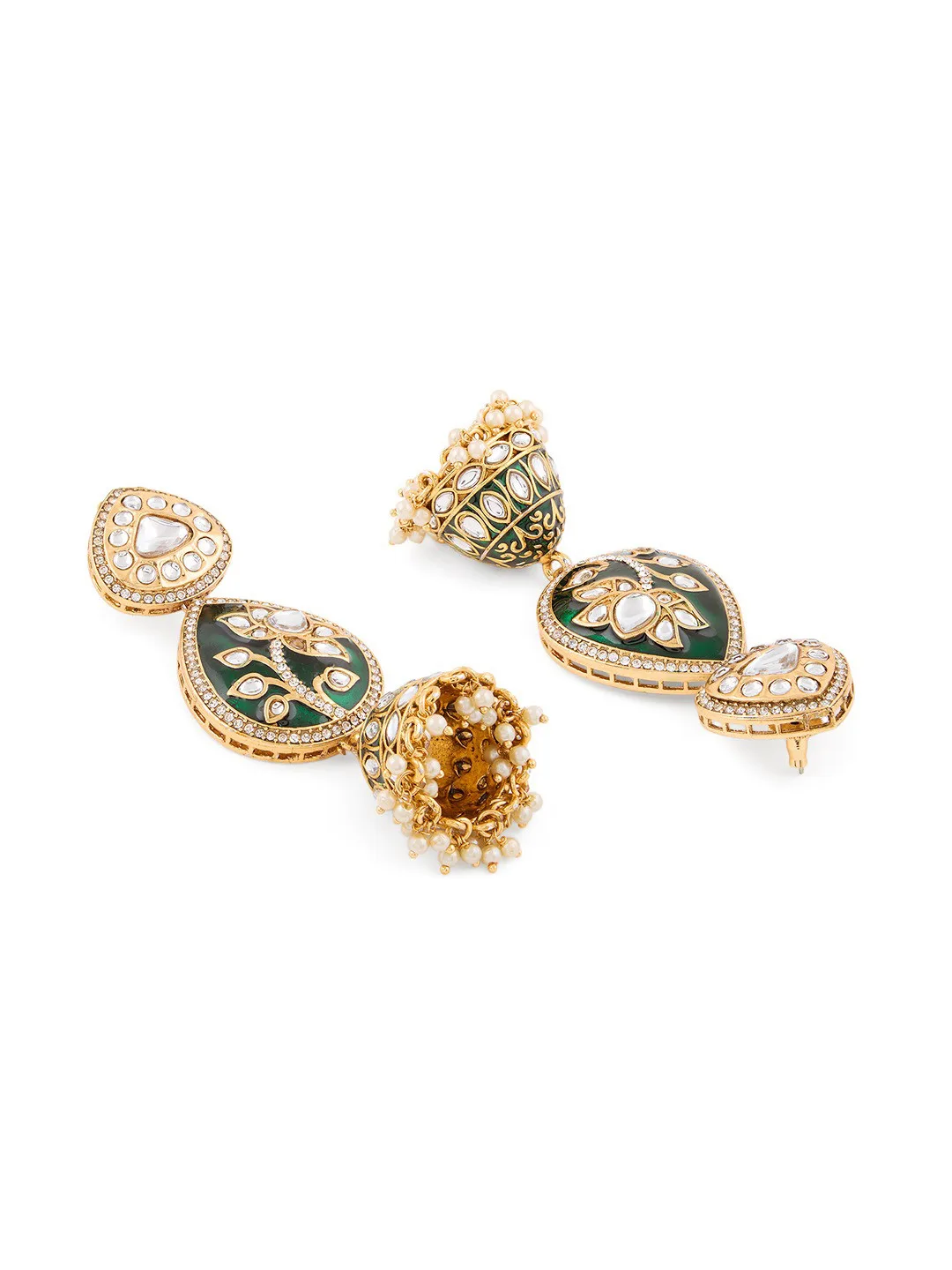 Zaveri Pearls Green stone and kundan dome jhumkas