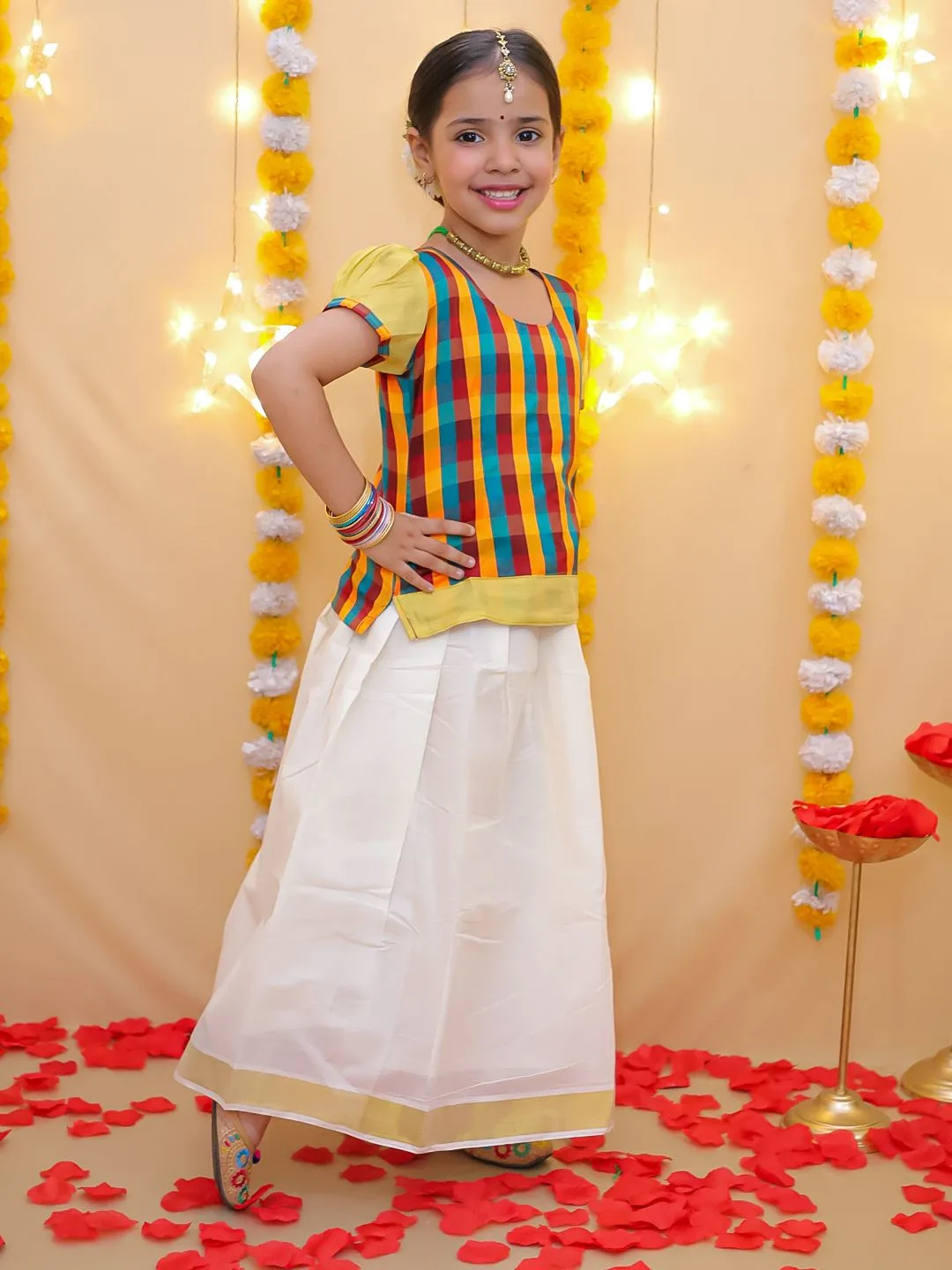 BownBee Multicolour check kasavu pattu pavadai set