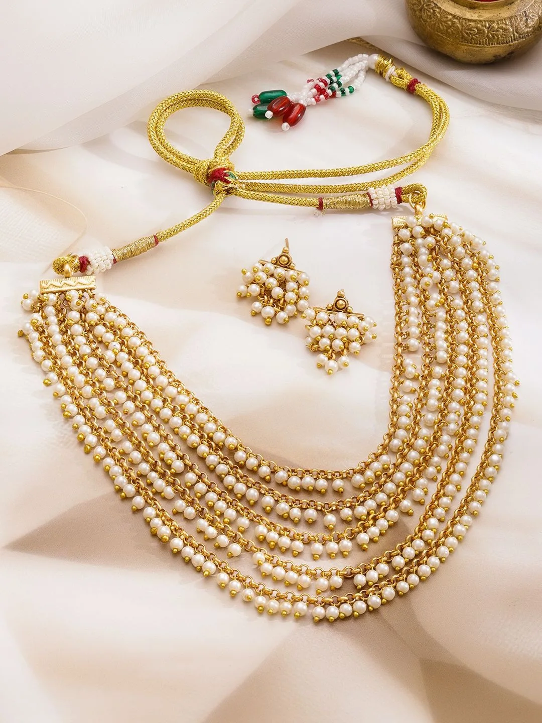 Rubans Seven-strand gold-and-pearl multi-layer necklace with earrings