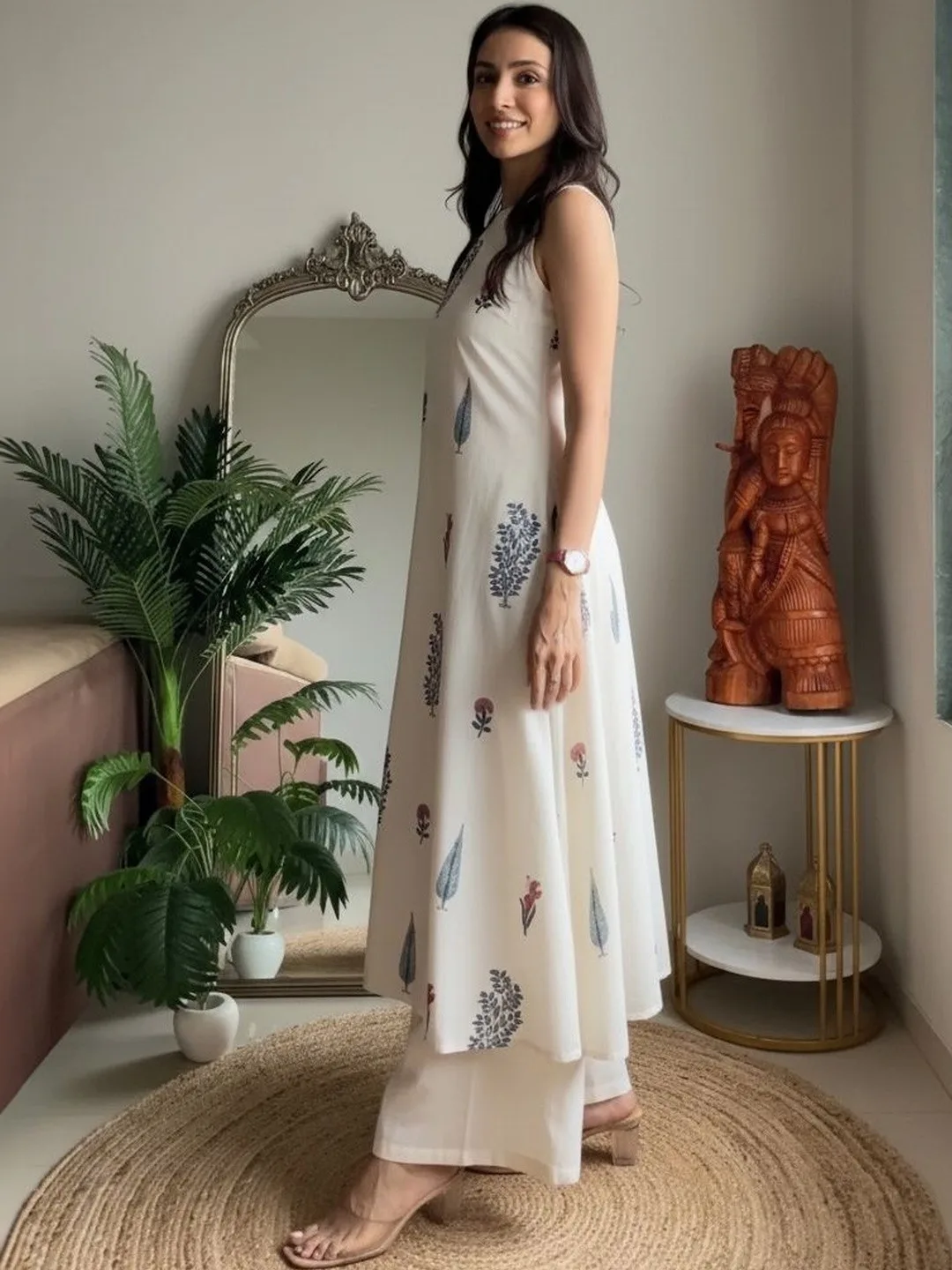 Keitra Our pick under ₹700 — off-white sleeveless printed cotton kurta with palazzos
