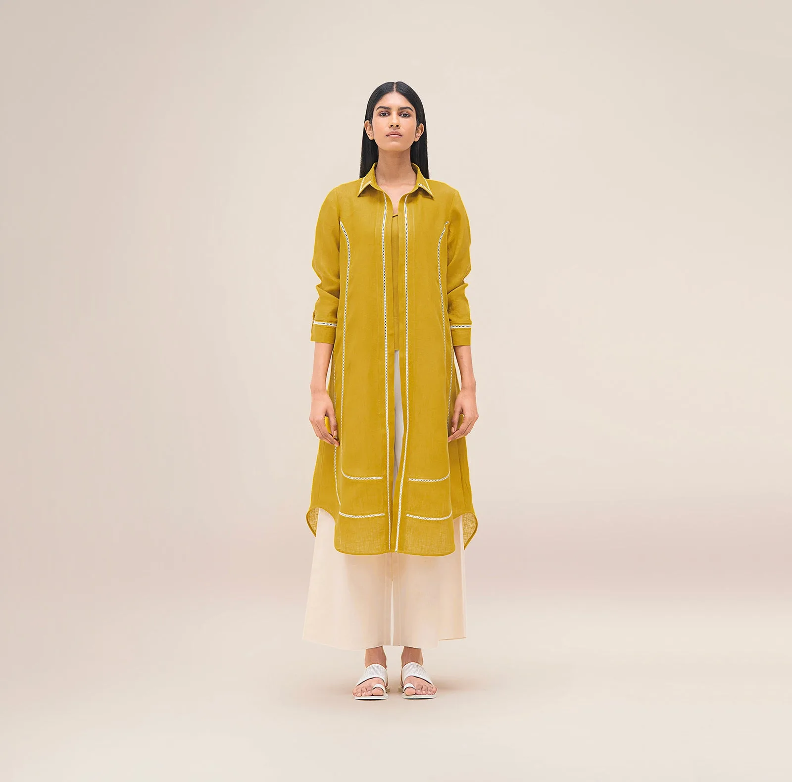 AM:PM Merula mustard linen tunic set — tunic, inner top and ivory palazzos