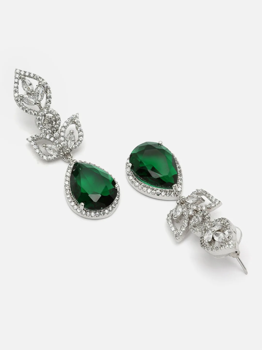 ZENEME Silver-toned emerald-green drop earrings