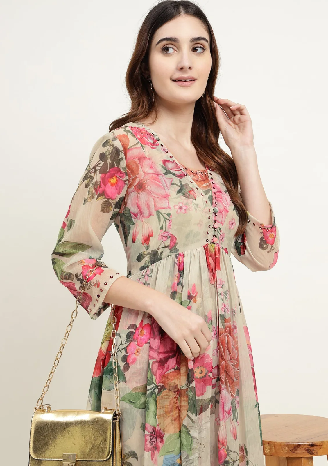 Zari Jaipur Printed Chiffon Kurta — the three-piece set, with palazzo and dupatta
