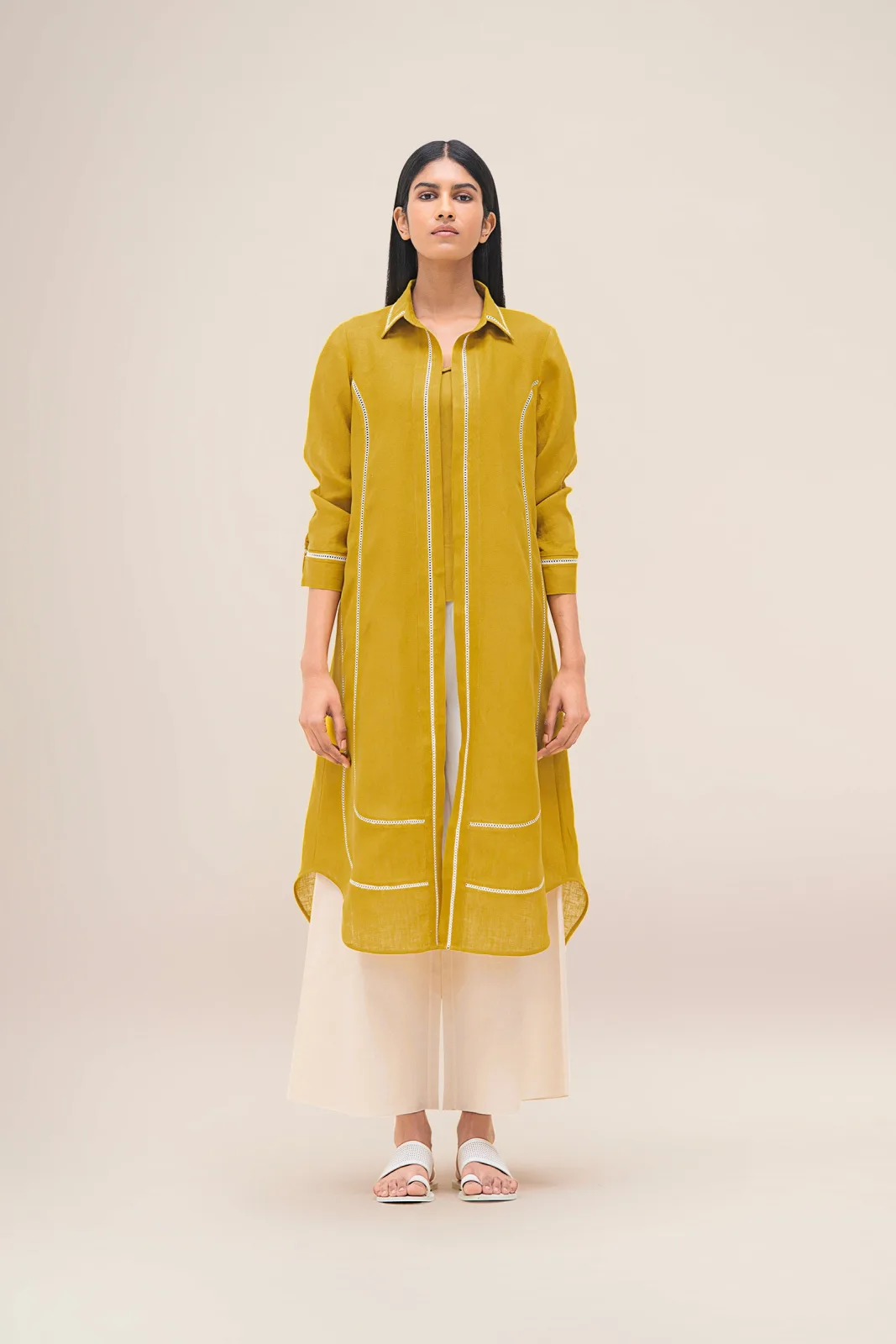 AM:PM Merula mustard linen tunic set — tunic, inner top and ivory palazzos