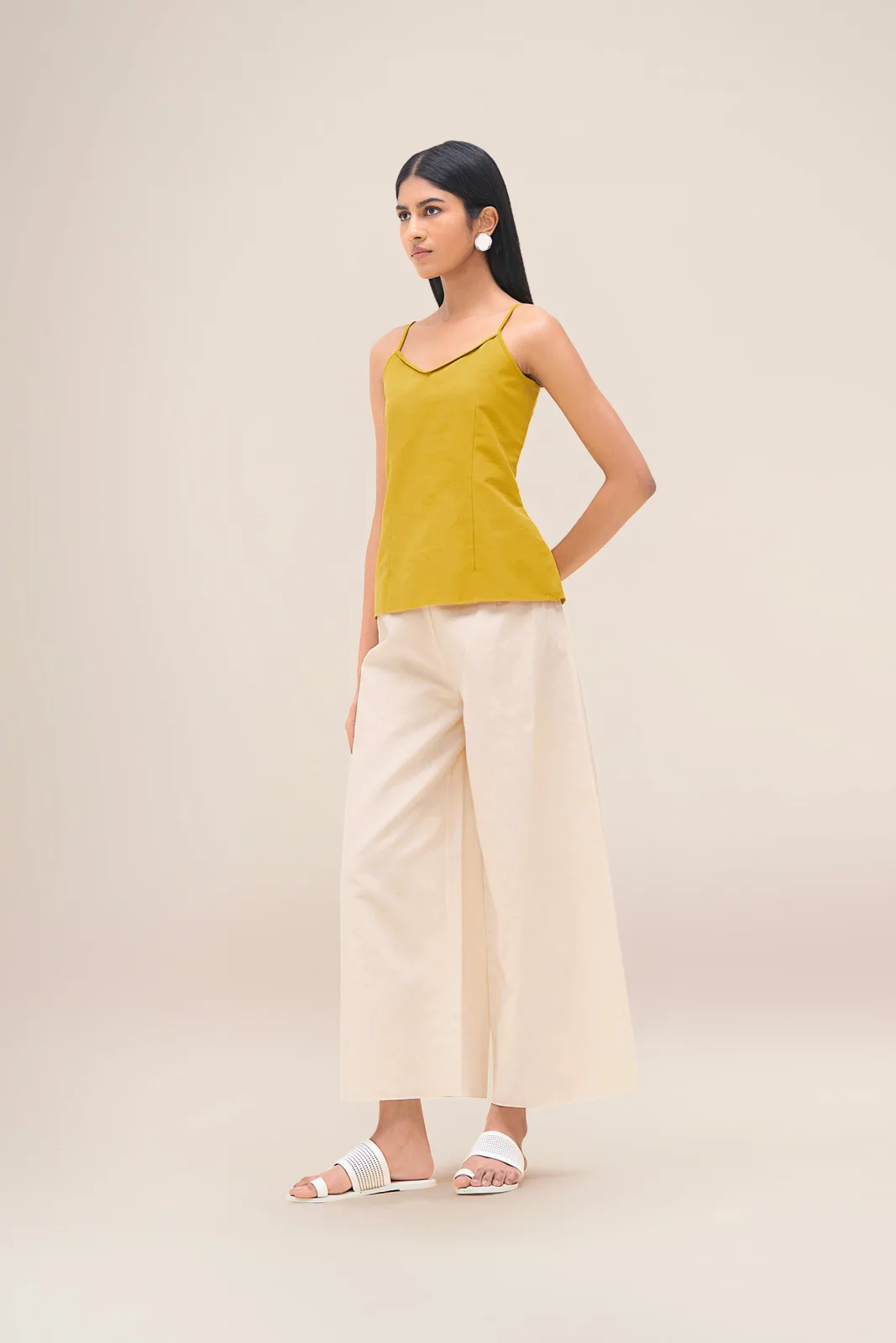 AM:PM Merula mustard linen tunic set — tunic, inner top and ivory palazzos