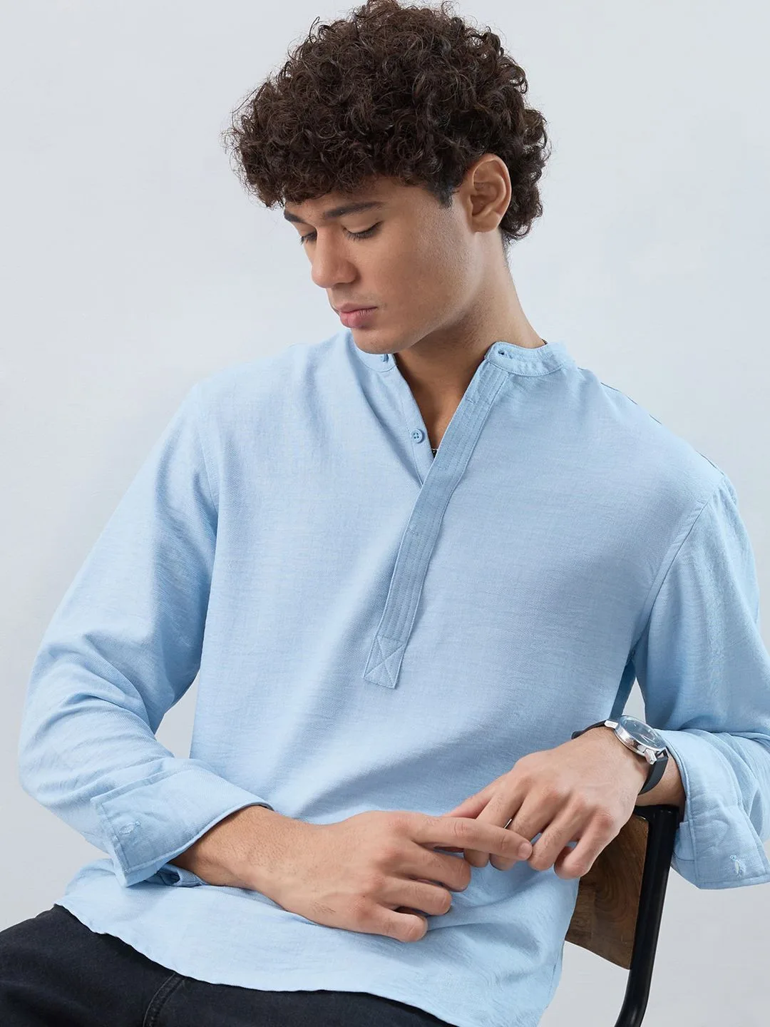 HERE&NOW Slate-blue collarless half-placket shirt