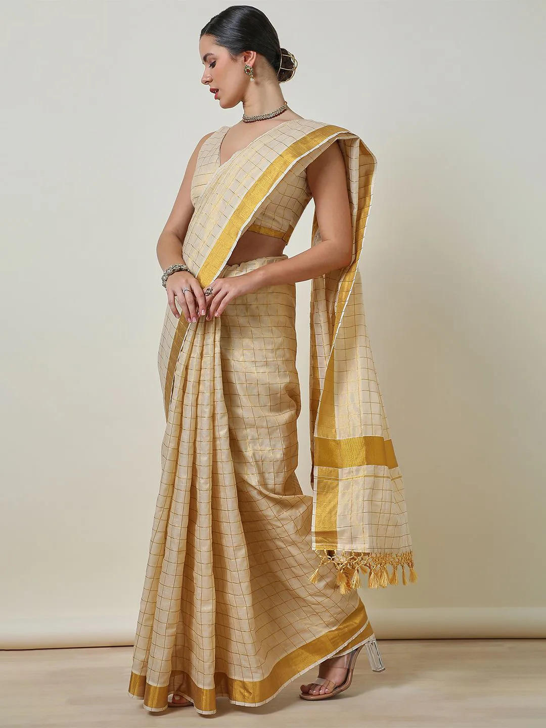 Soch Ivory gold-check kasavu tissue saree