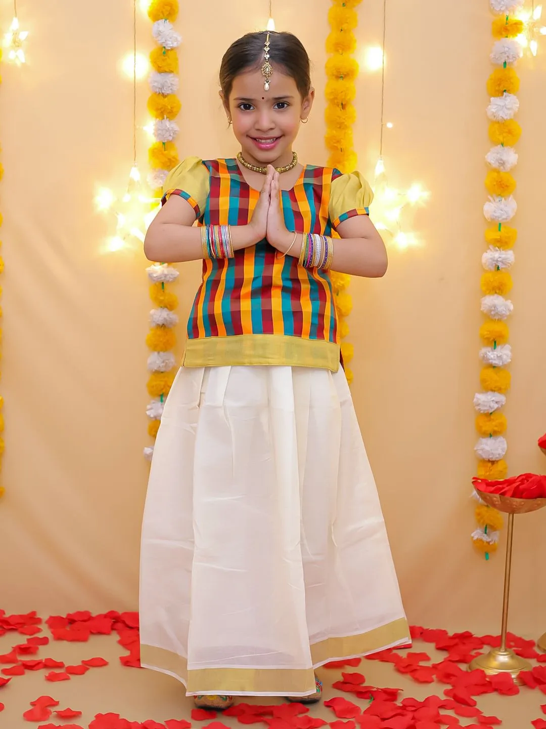BownBee Multicolour check kasavu pattu pavadai set