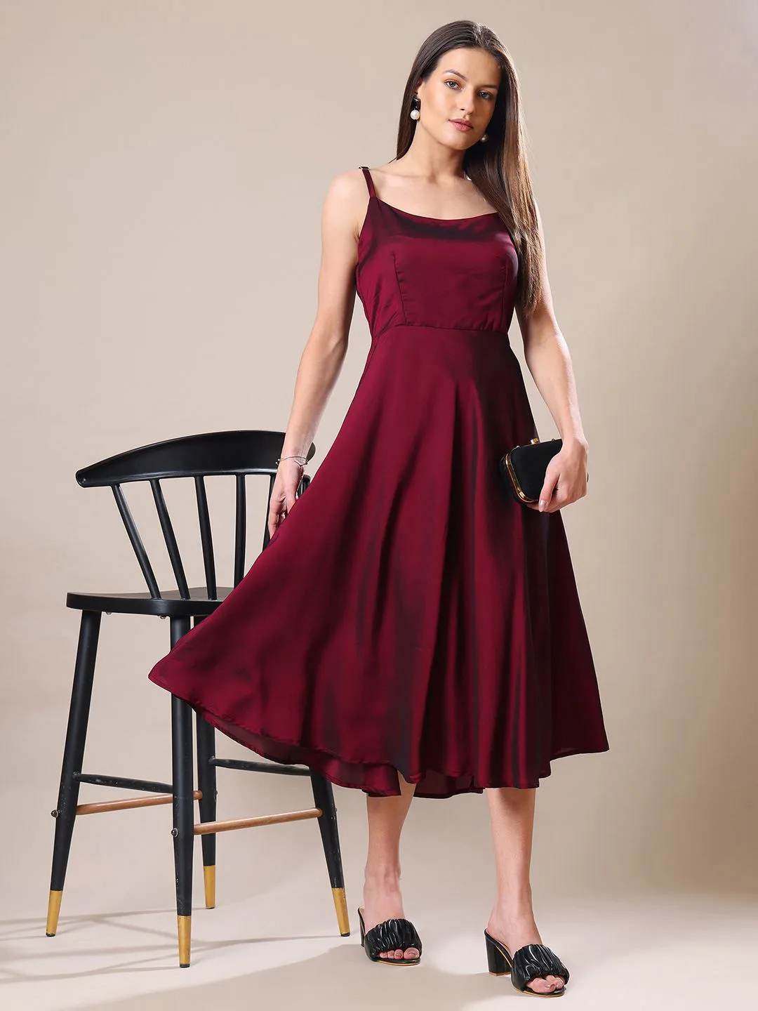 Maroon fit-and-flare midi dress