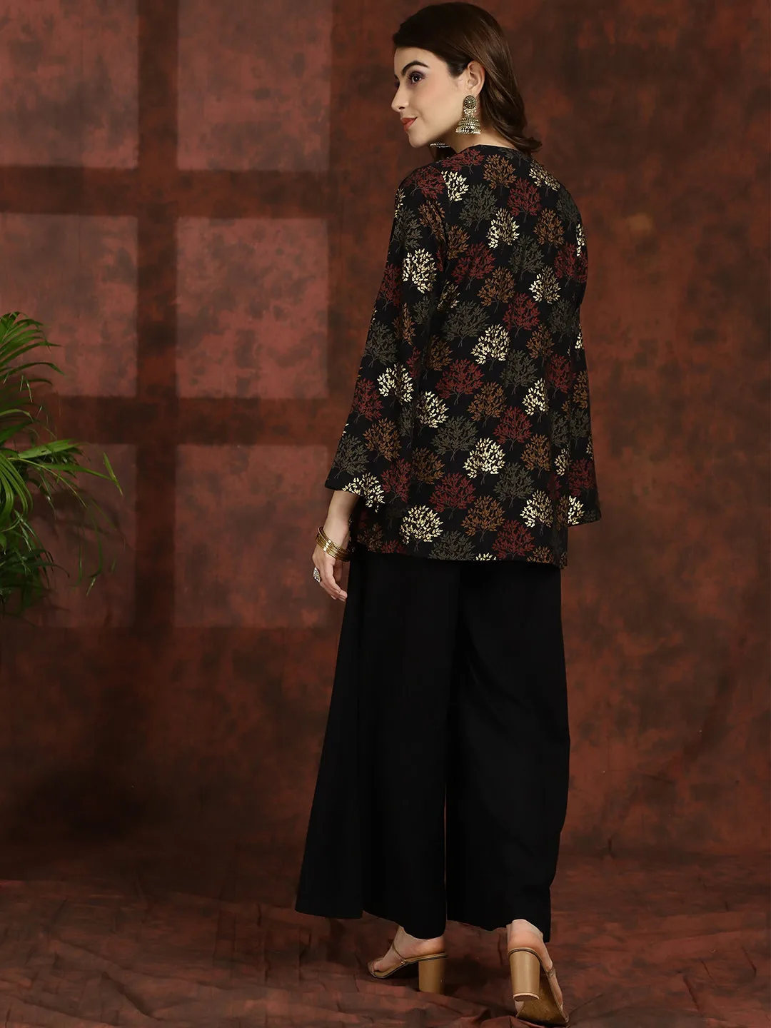 Claura Black floral 3-piece jacket, crop top and palazzo set
