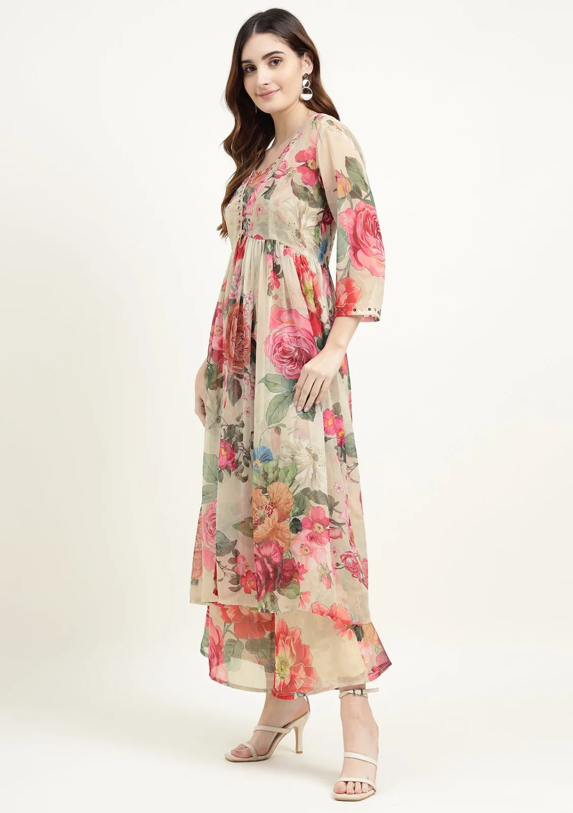 Zari Jaipur Printed Chiffon Kurta — the three-piece set, with palazzo and dupatta