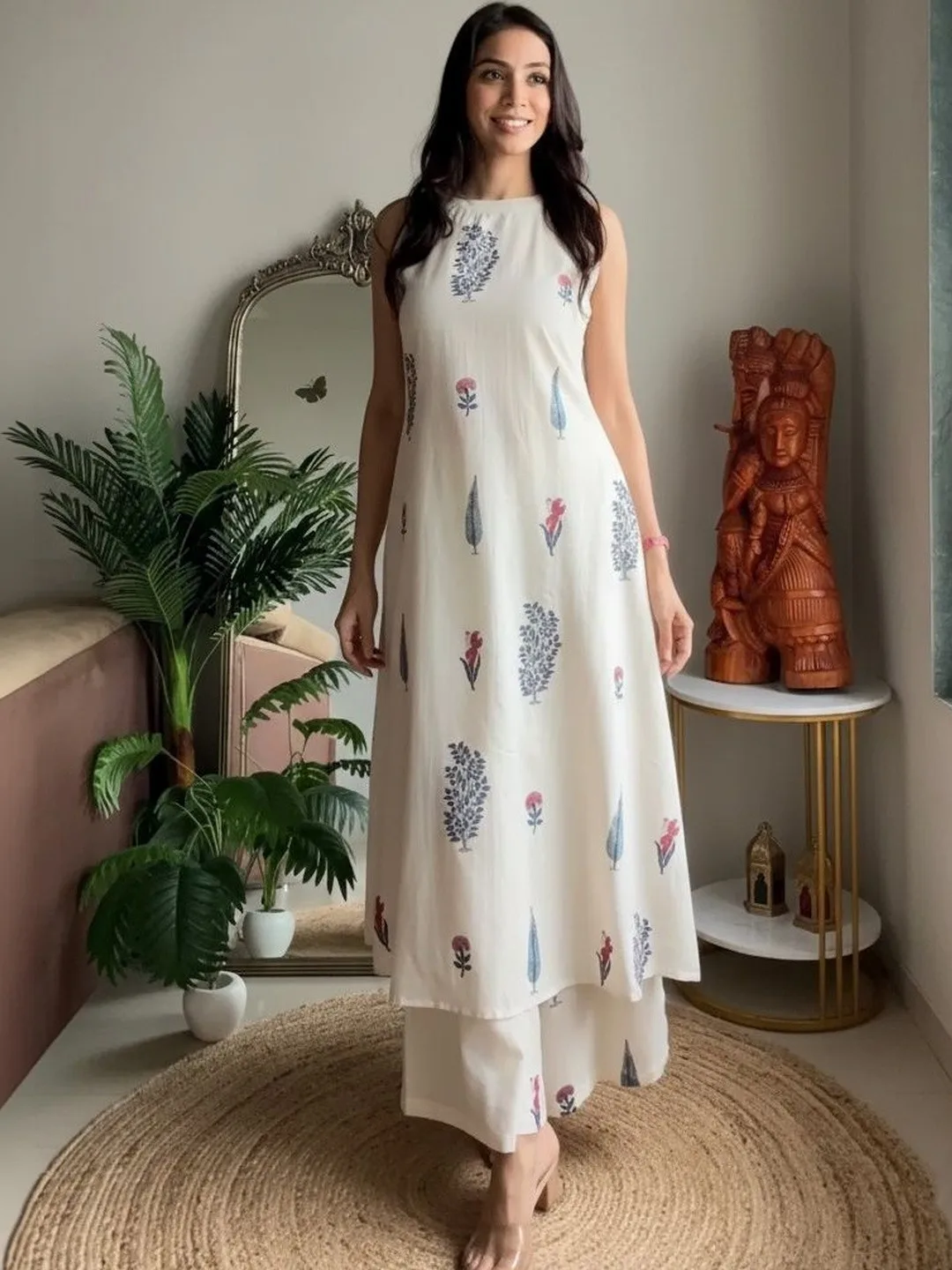 Keitra Our pick under ₹700 — off-white sleeveless printed cotton kurta with palazzos