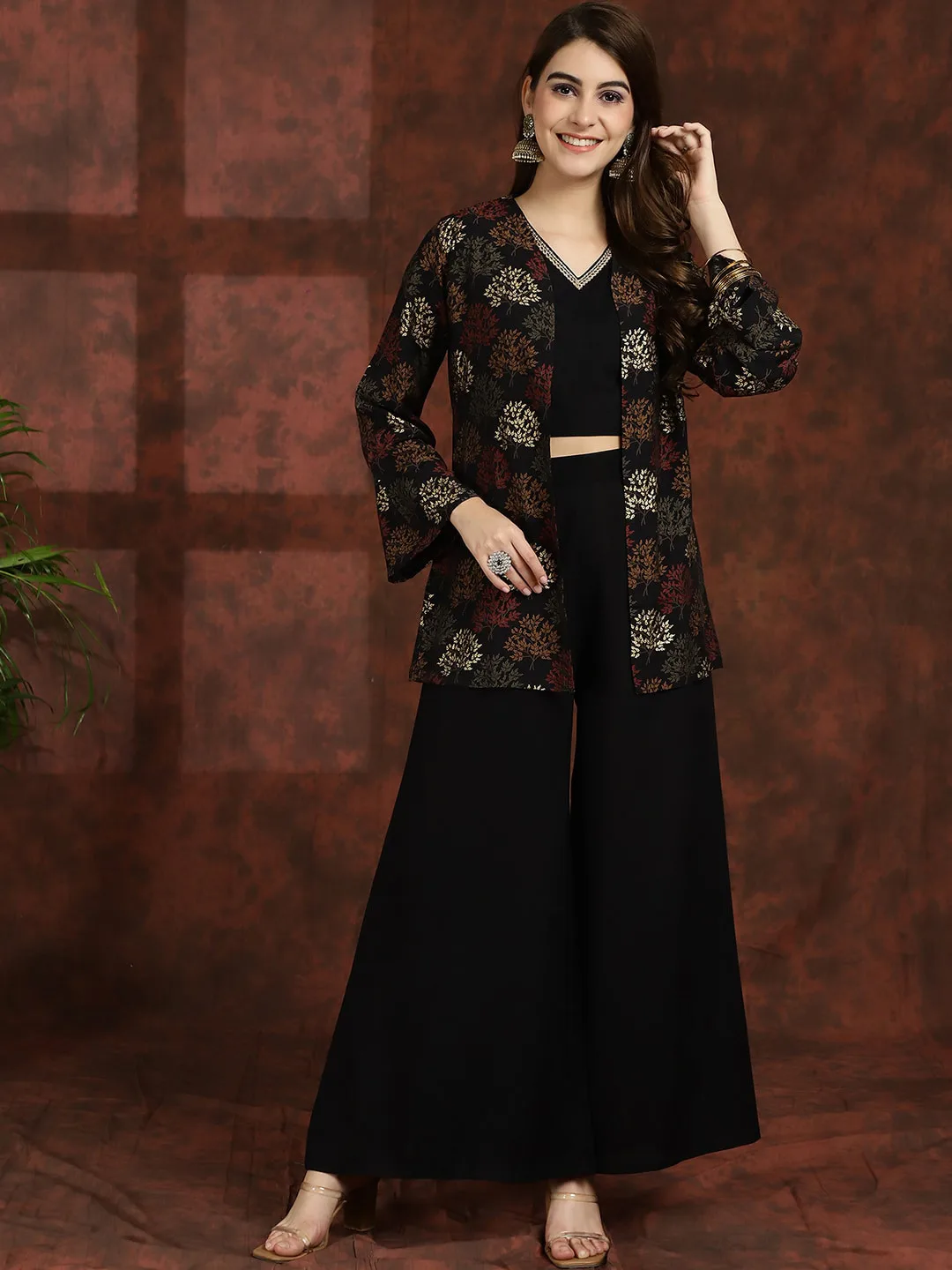 Claura Black floral 3-piece jacket, crop top and palazzo set