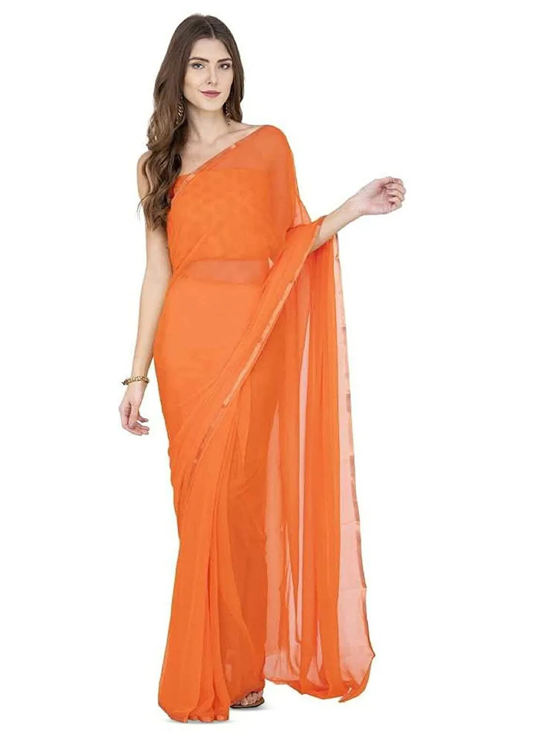 THE FASHION ATTIRE Solid burnt-orange plain silk saree