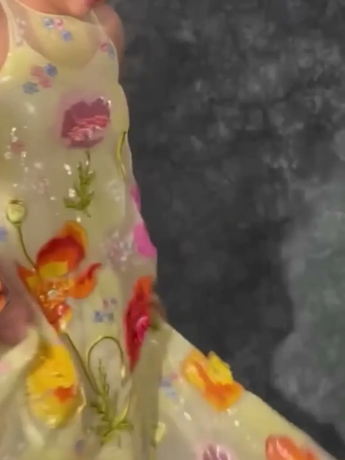 Ramya Krishnan — The skirt in motion: orange, yellow and red poppies on clear sequins