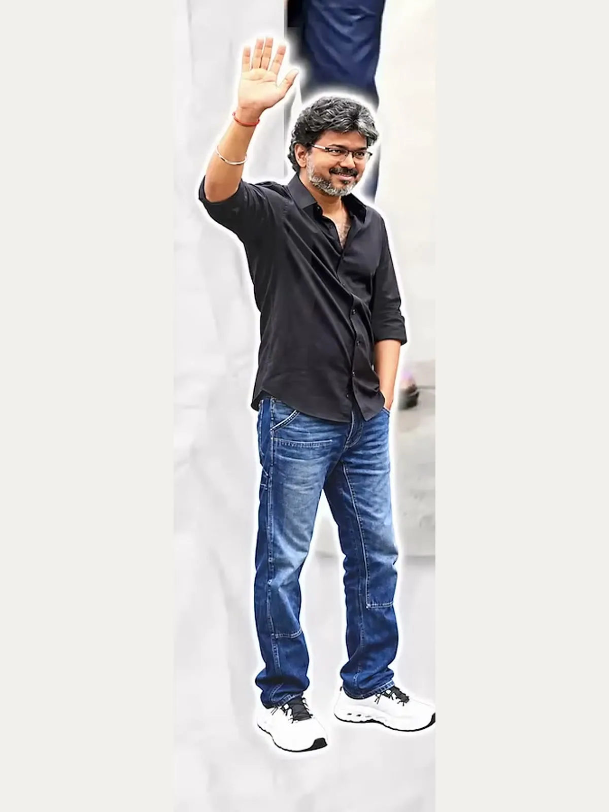 Vijay — The whole fit end to end: black shirt, blue jeans, white Cloudtilts