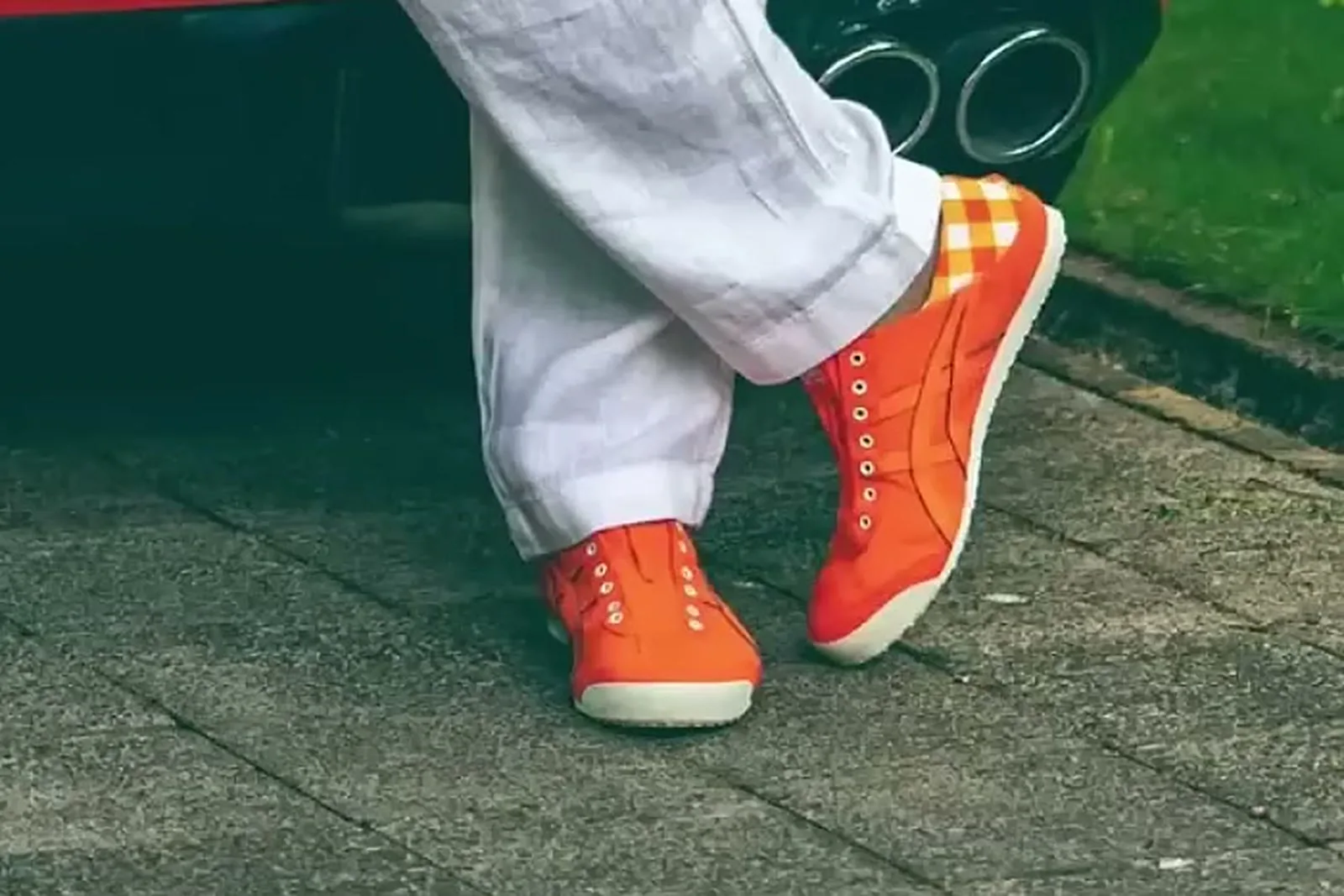 Mammootty — The gingham heel panel and the cream gum sole, at the closest the footage gets