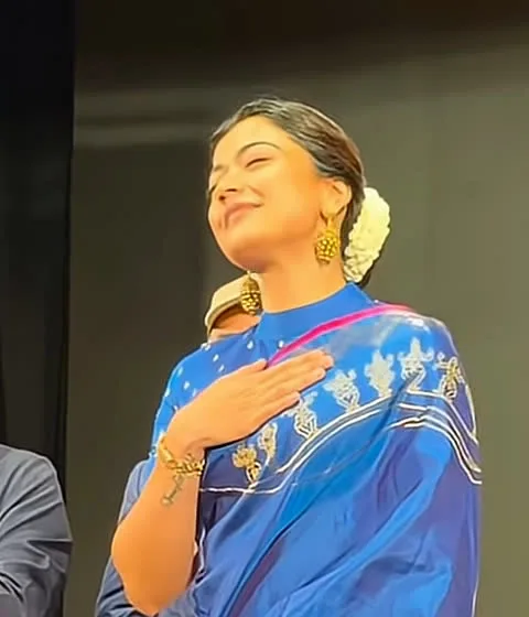 Rashmika Mandanna — How the pleats and the pallu fall to the purple-and-gold end