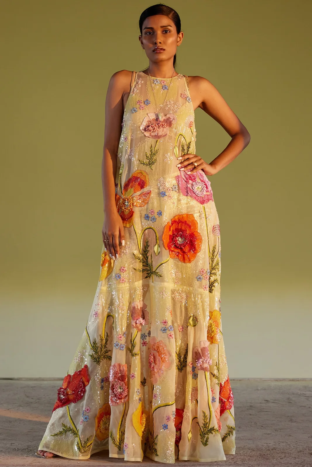 Rahul Mishra Yellow silk organza & tulle hand-embroidered gown