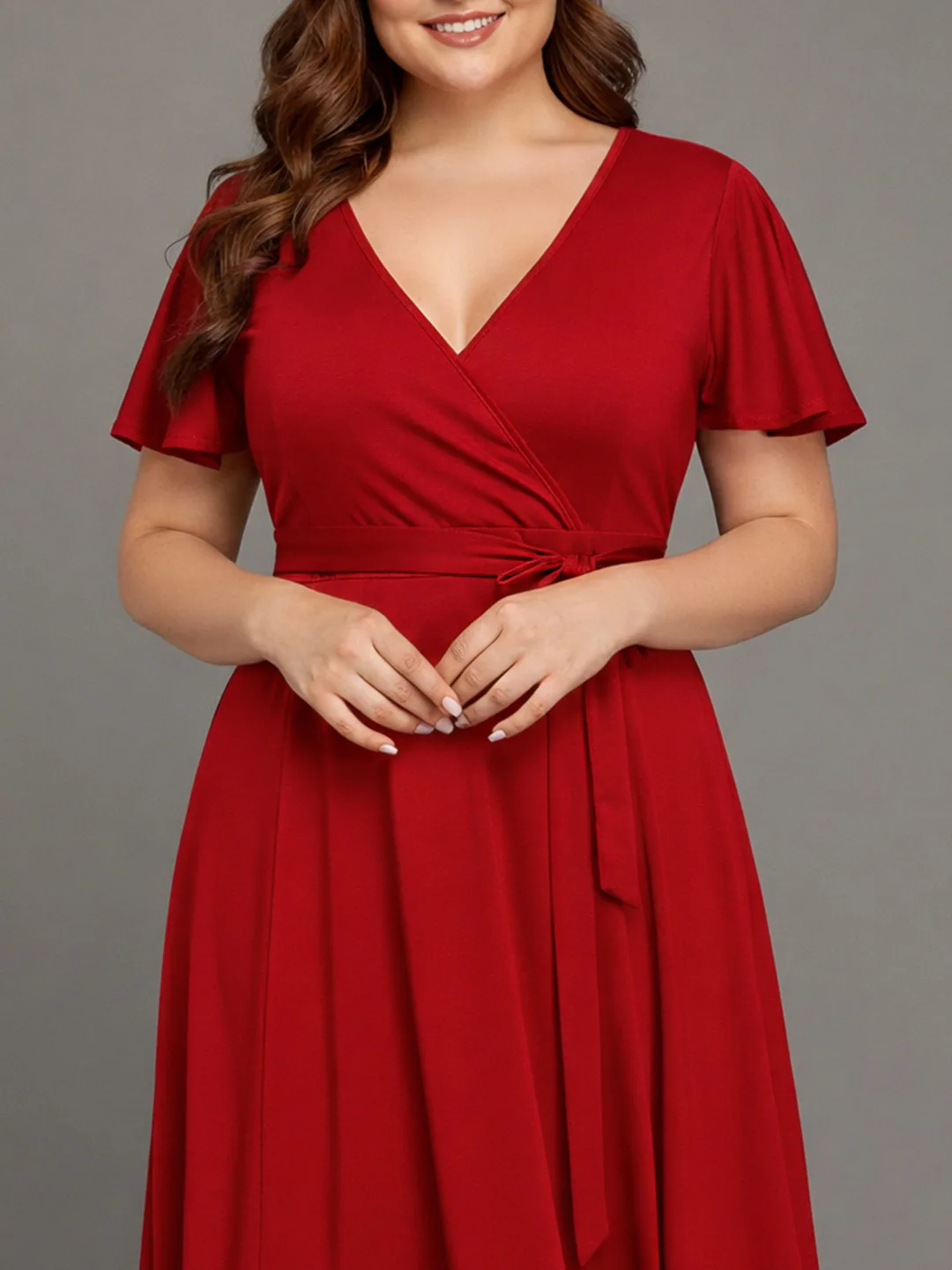 C4D Red wrap midi with flutter sleeves