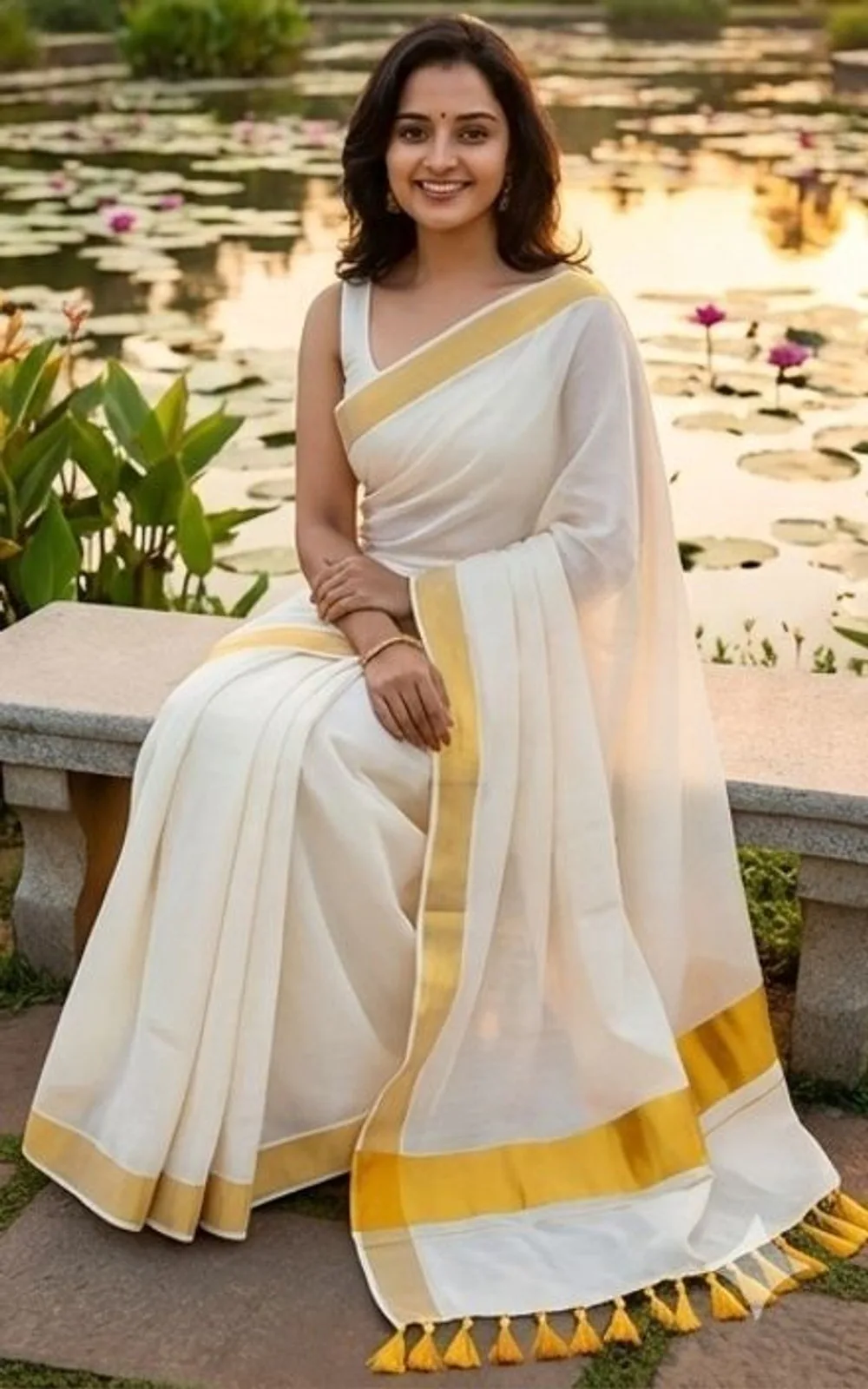 Our pick under ₹450 — plain cream kasavu, handloom pure cotton