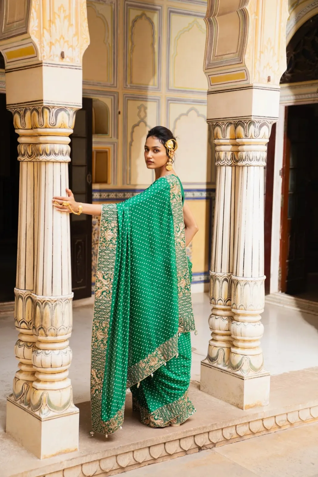 Pink City by Sarika Peacock and lotus bandhni saree