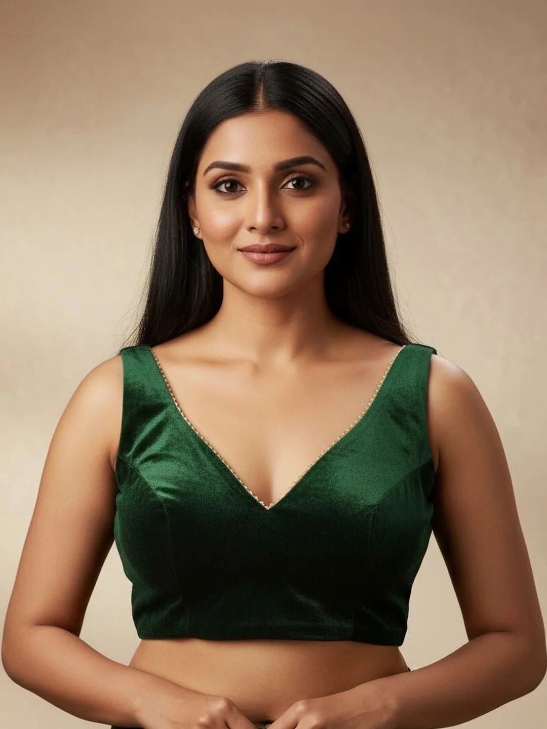 EZSTALL Green velvet sleeveless V-neck saree blouse