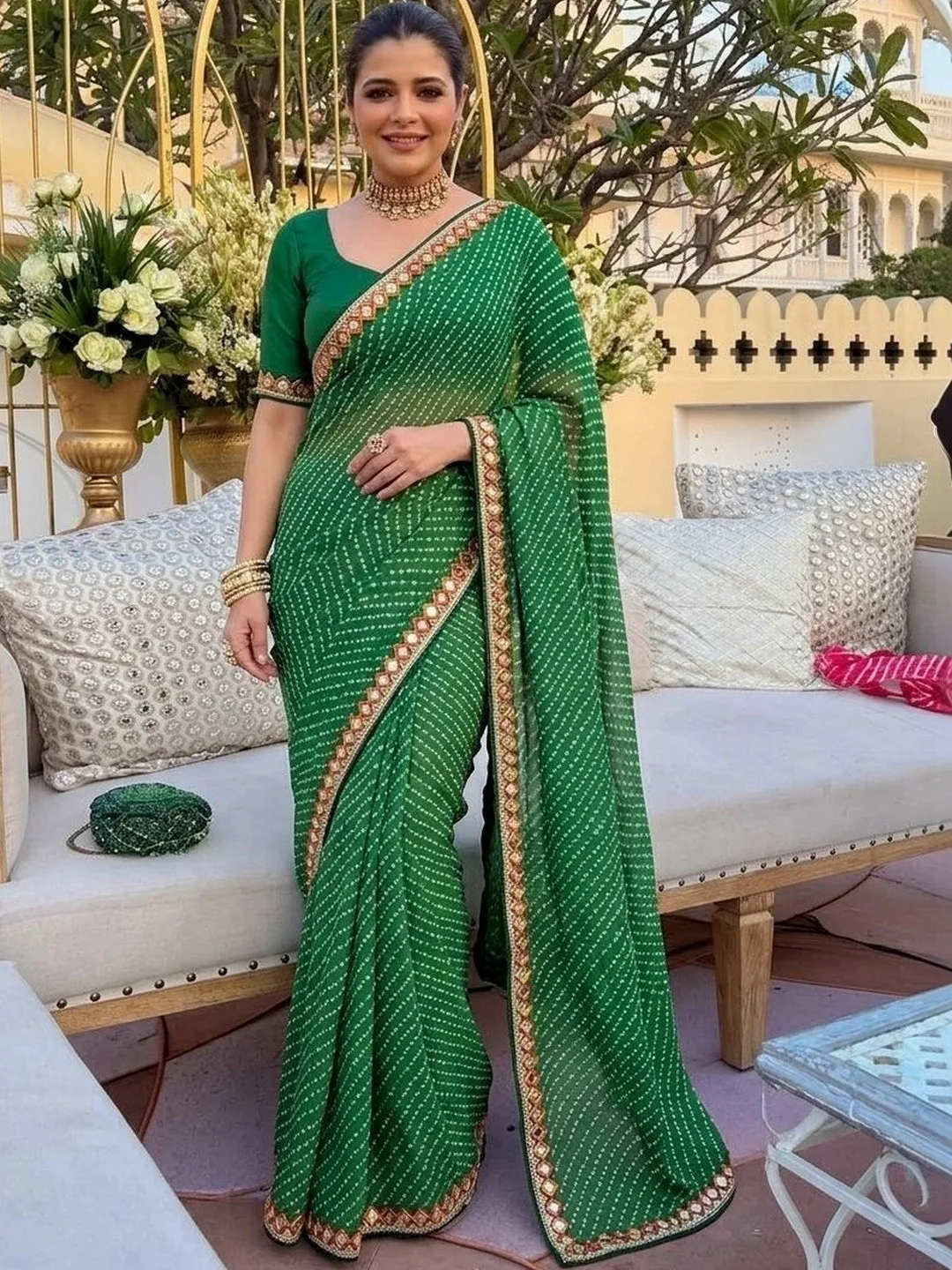 Sangria Emerald bandhani georgette saree with a mirror-work border