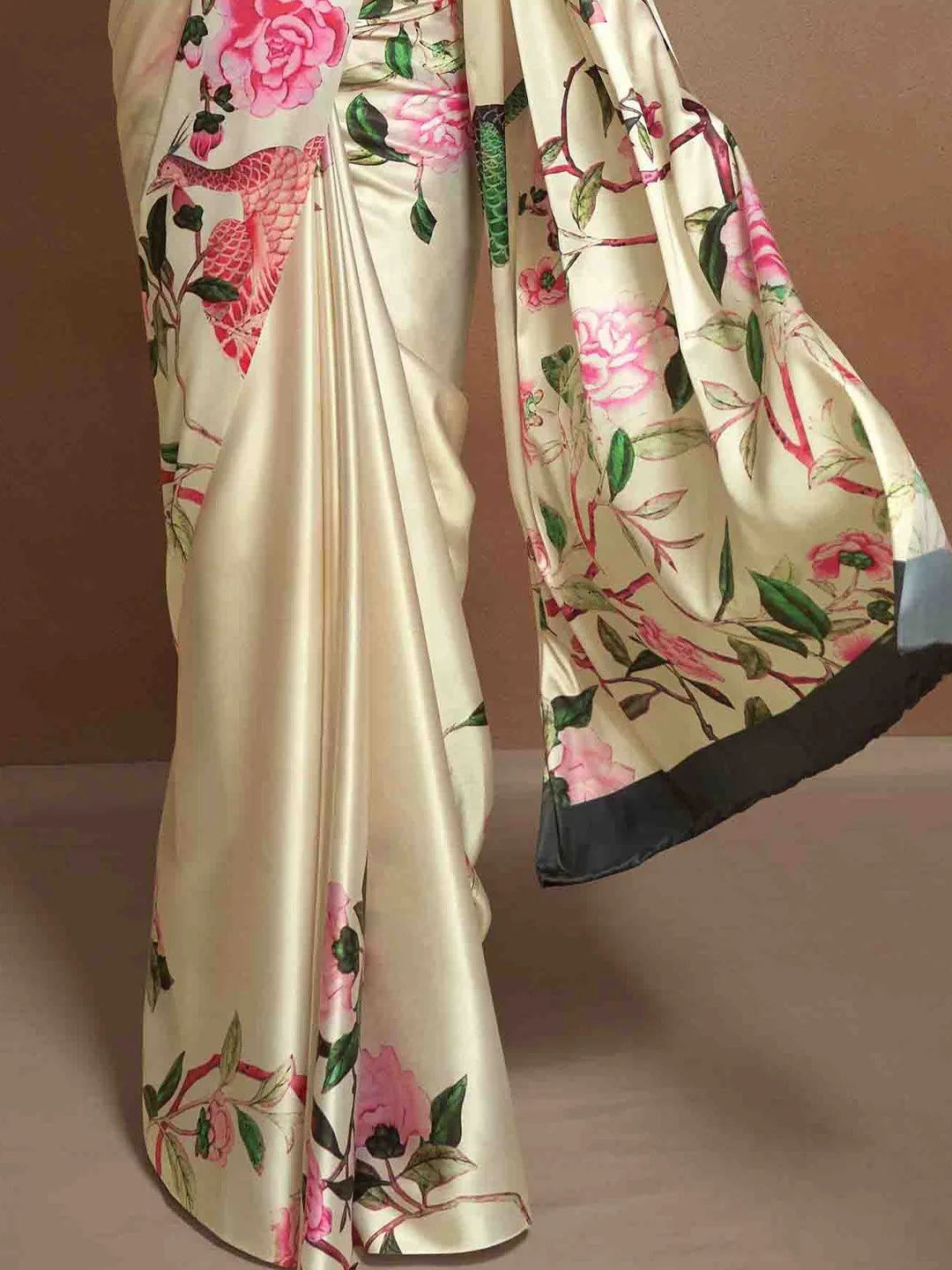 Mitera Cream floral satin saree with blouse piece