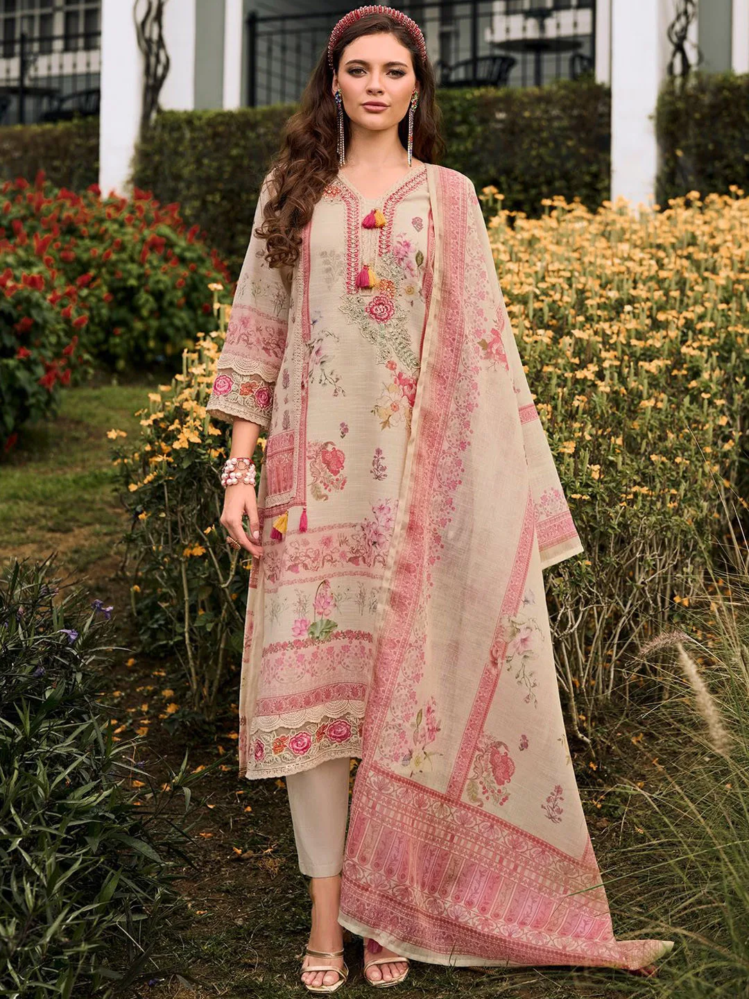 Indo Era Floral printed linen kurta with trousers and dupatta