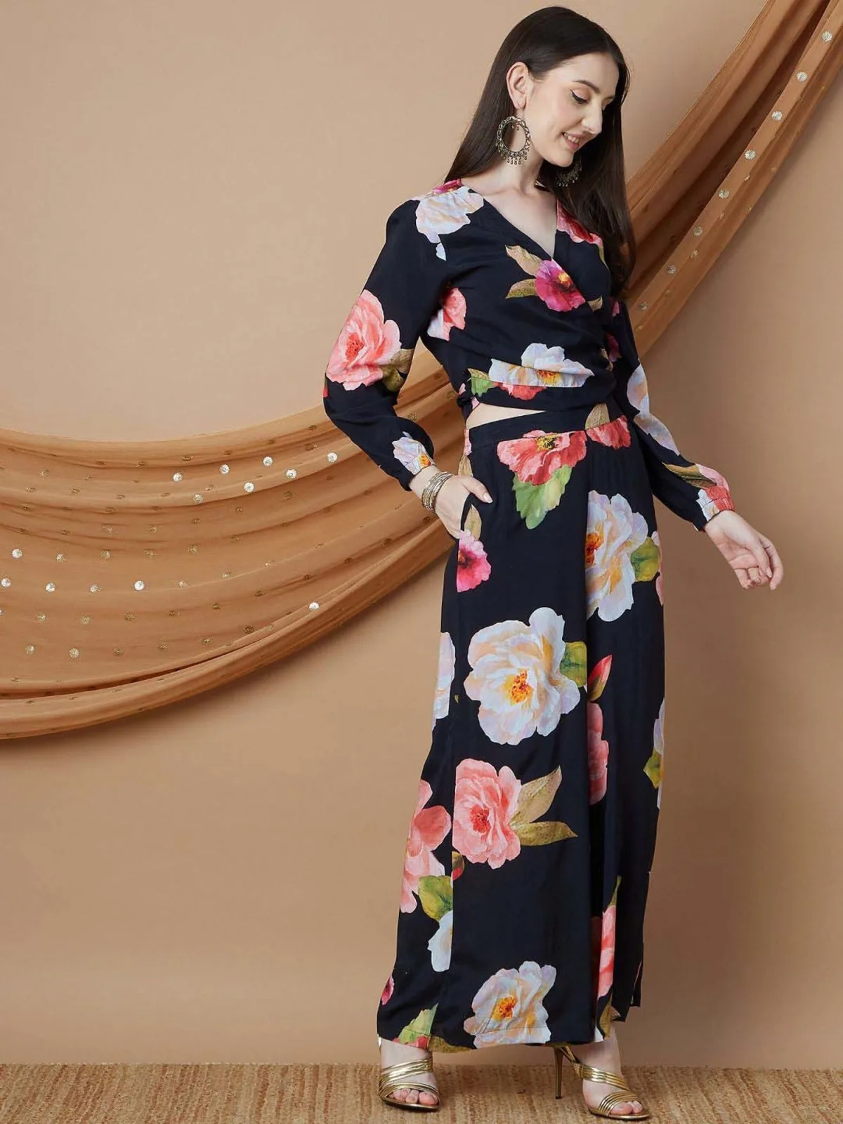 MELANGE by Lifestyle Black floral print co-ord set — wrap crop top and palazzo