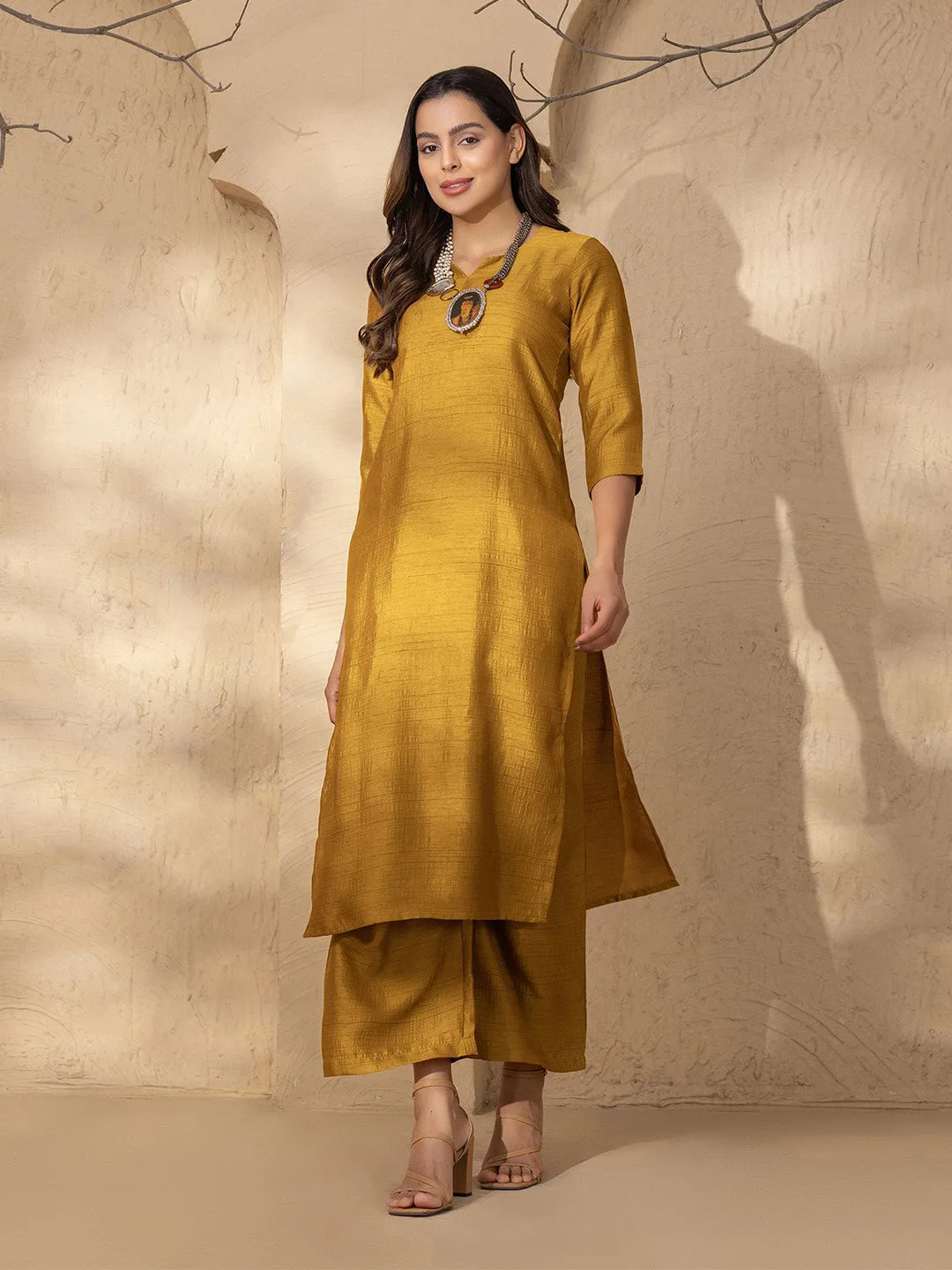 Gold silk-blend kurta with palazzos