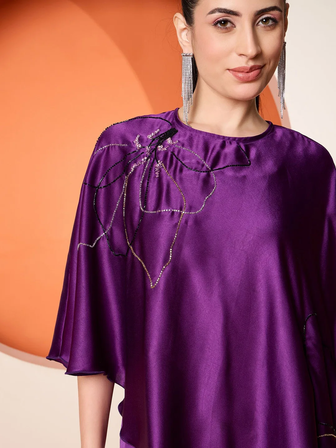 Antheaa Purple embellished satin co-ord — top and trousers