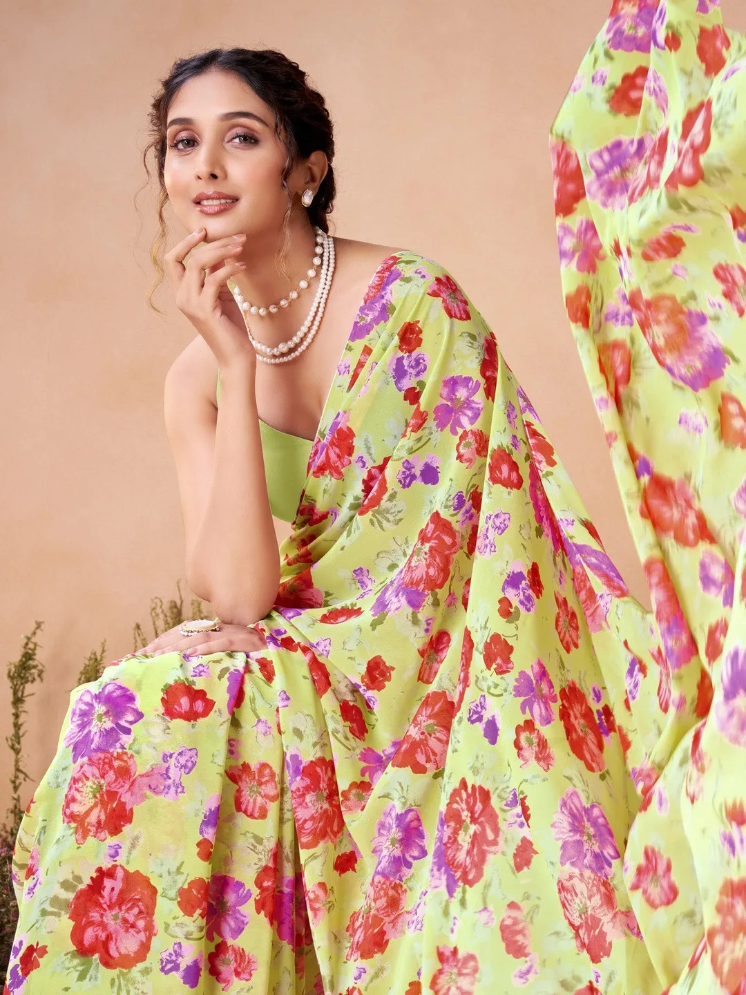 Garden Vareli Lime green floral printed georgette saree