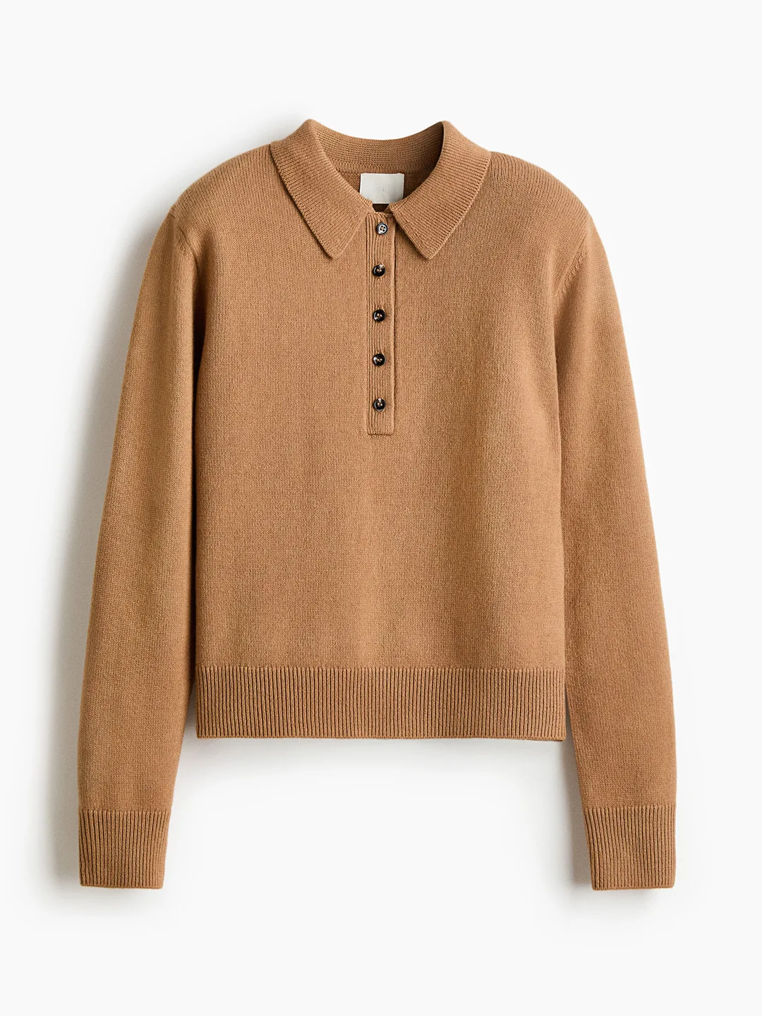 Shoulder-Pad Polo Jumper, camel — the exact piece