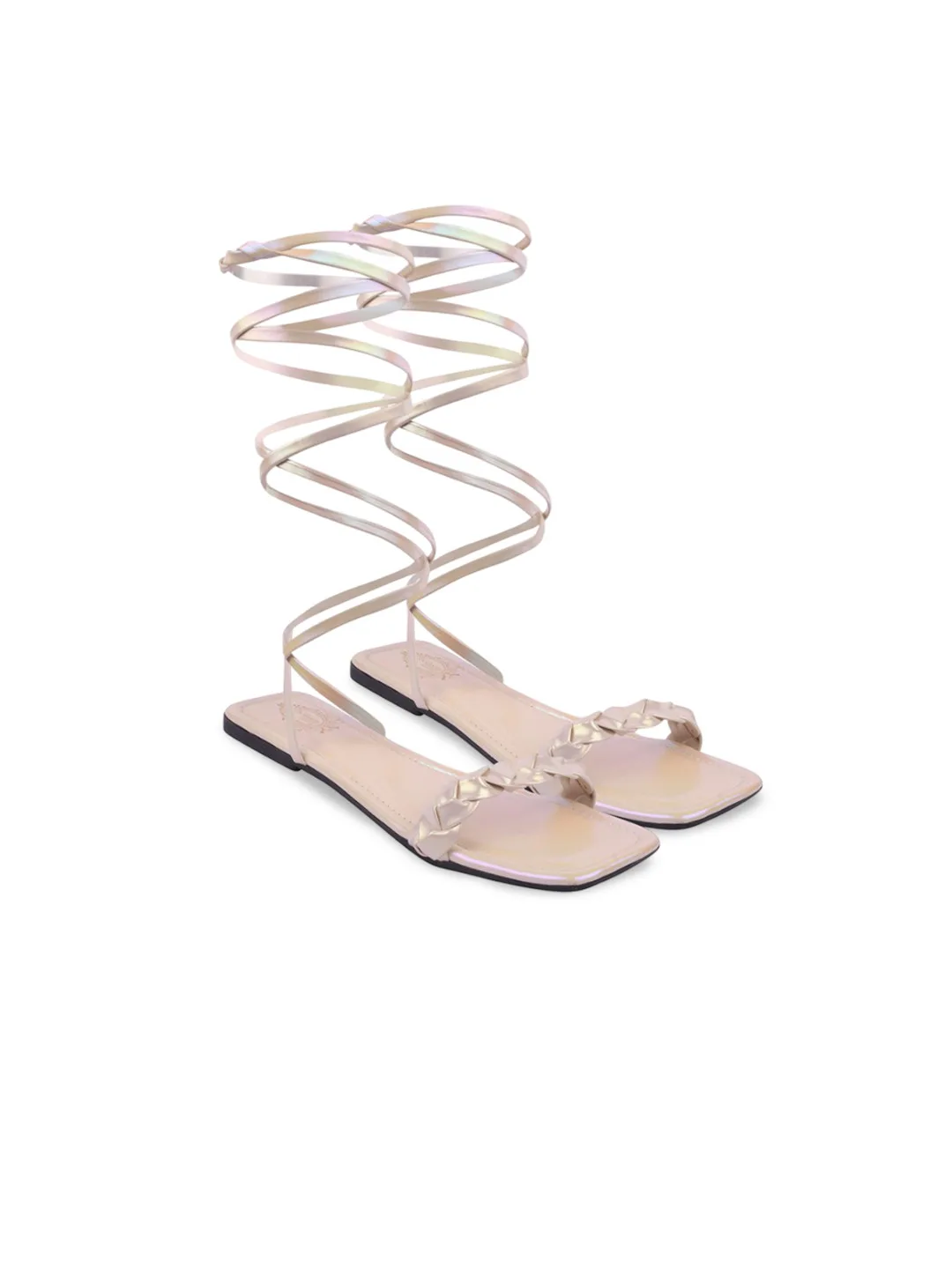 Stylestry Rose-gold wrap-up flat sandals